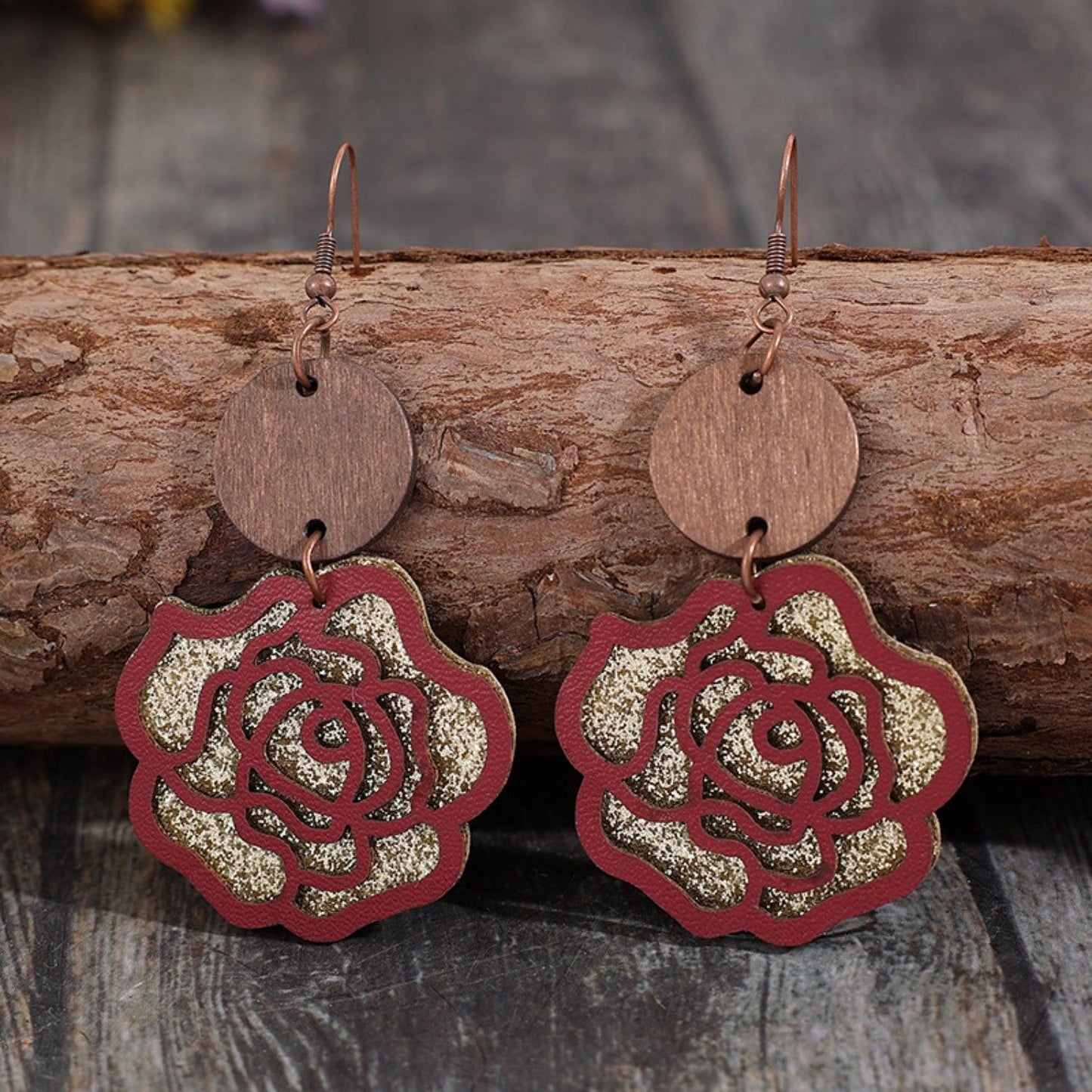 Wooden Alloy Rose Shape Dangle Earrings Carauana Store