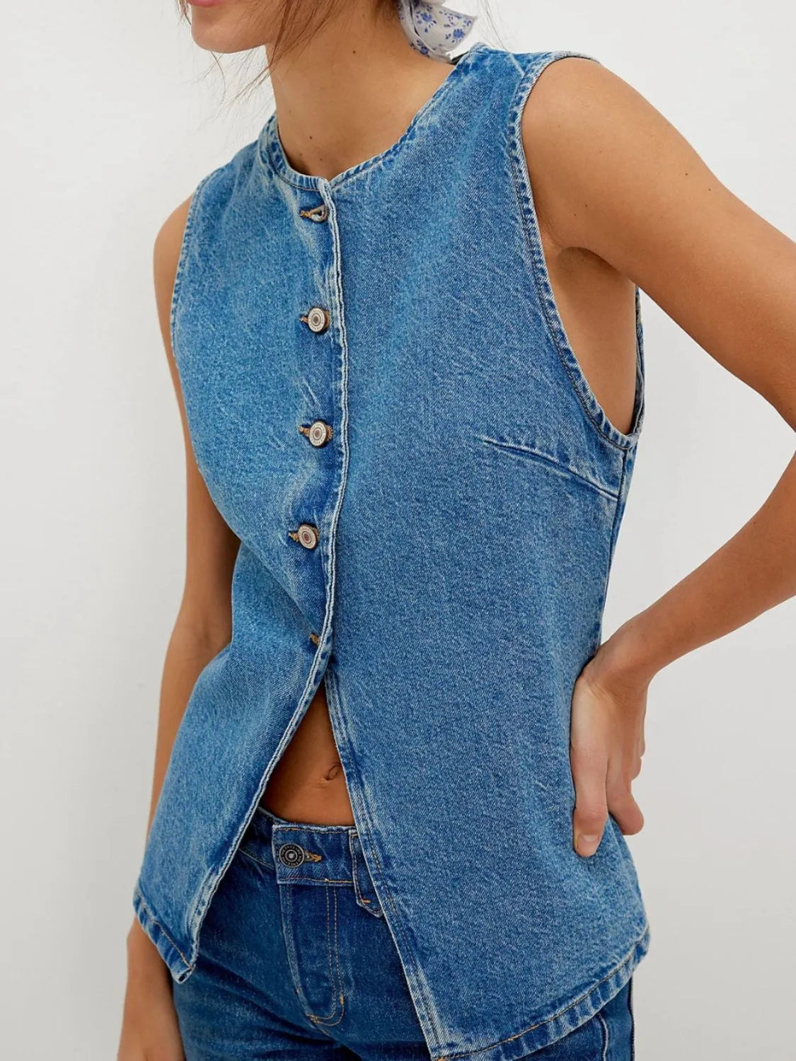 Button Down Round Neck Denim Vest Carauana Store