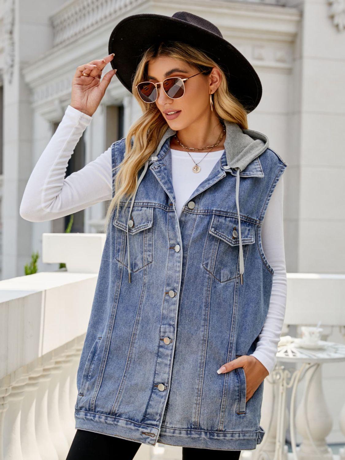 Drawstring Hooded Sleeveless Denim Top with Pockets Carauana Store