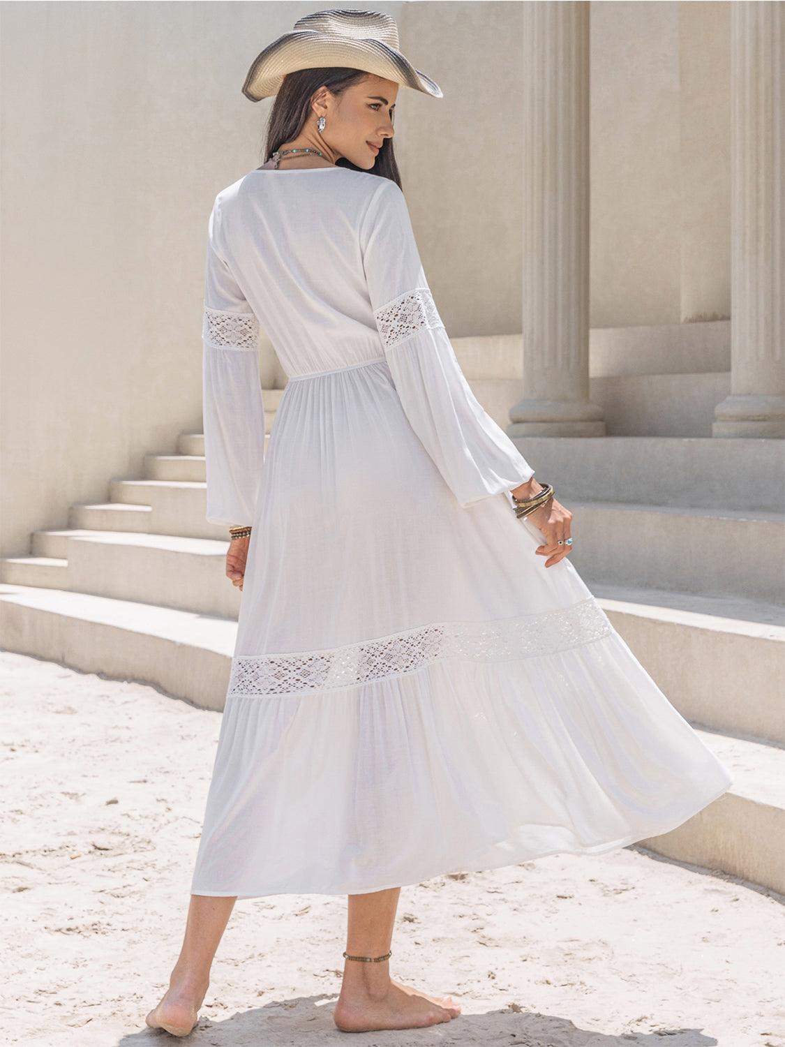 Tie Neck Balloon Sleeve Midi Dress Carauana Store