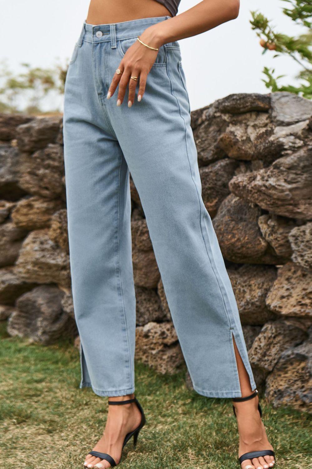 High Waist Loose Fit Ankle Slit Jeans Carauana Store