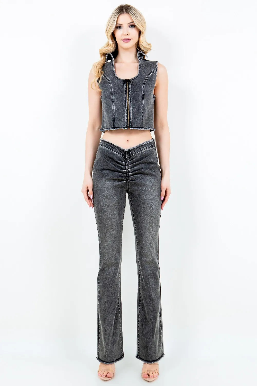 American Bazi Zip Up Washed Crop Denim Vest Carauana Store