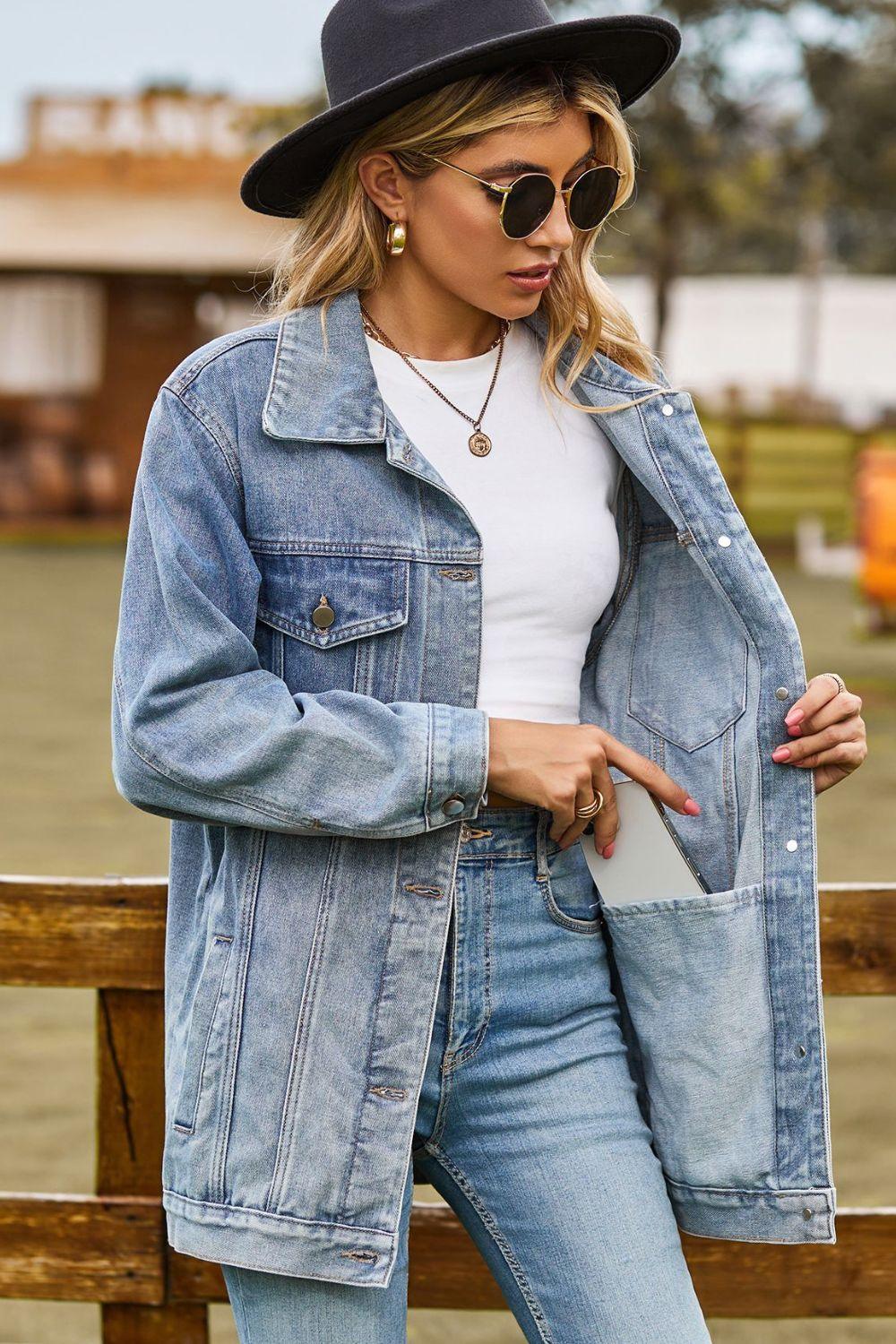 Buttoned Collared Neck Denim Jacket with Pockets Carauana Store