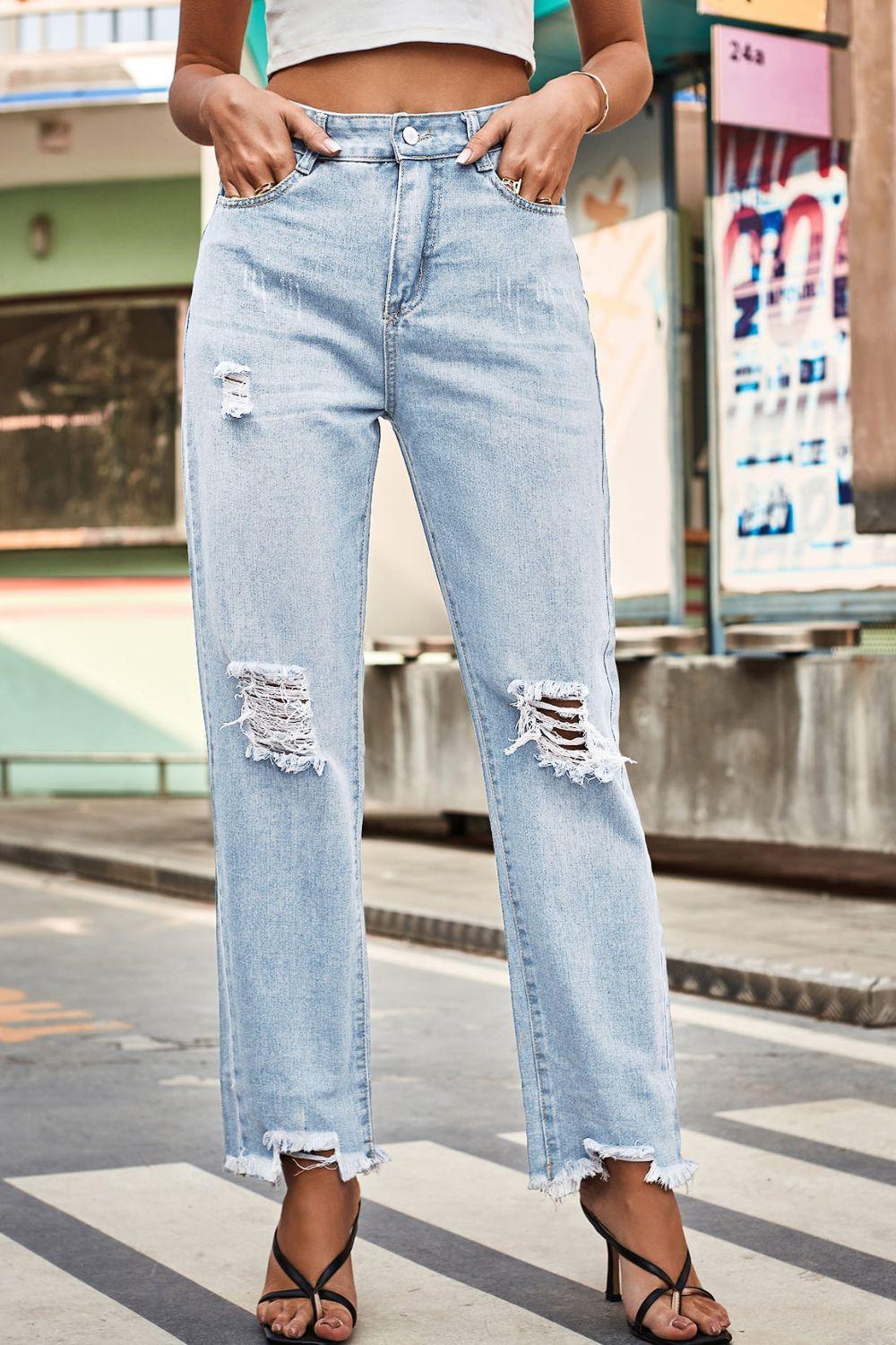 Distressed Buttoned Loose Fit Jeans Carauana Store