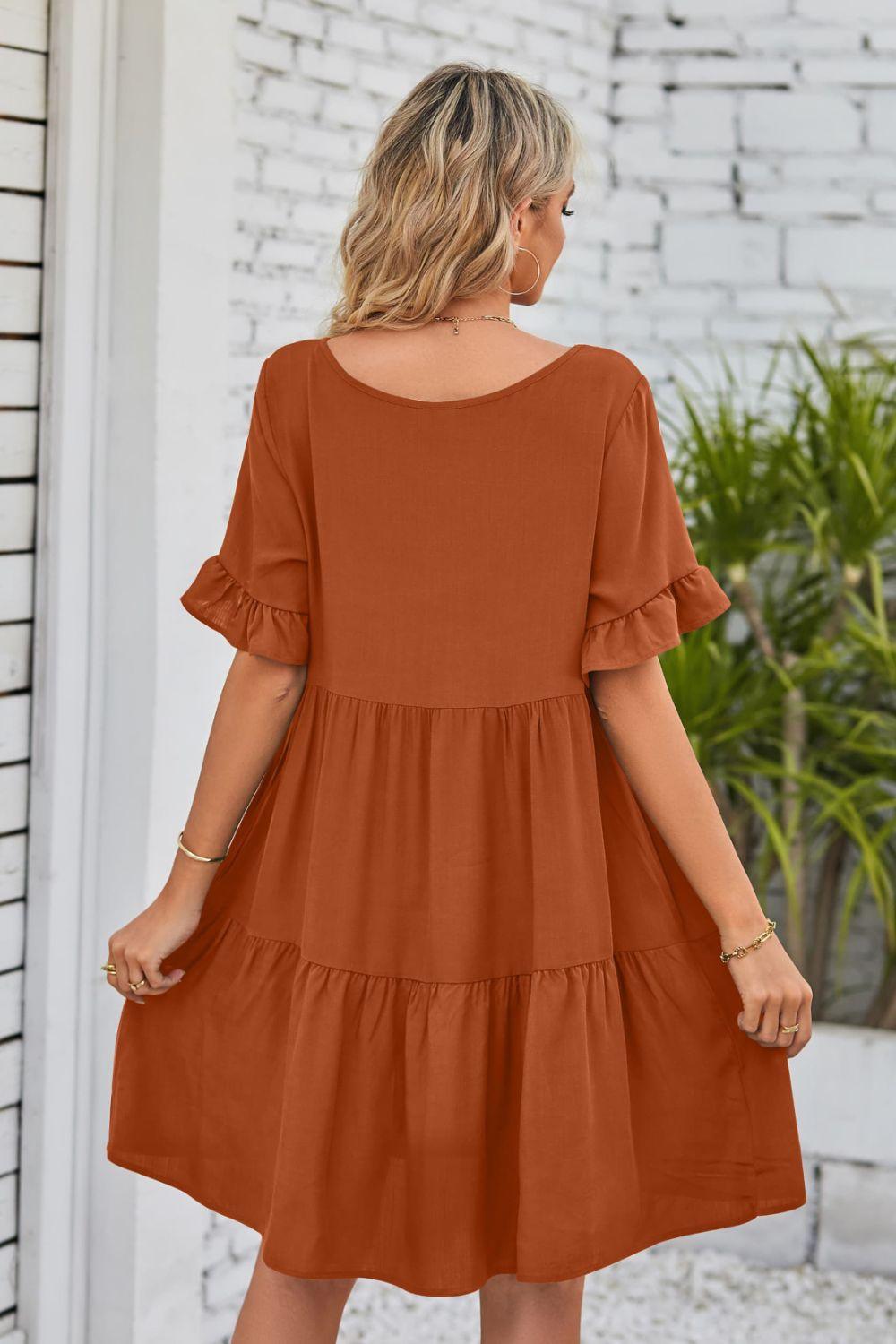 V-Neck Flounce Sleeve Tiered Dress Carauana Store