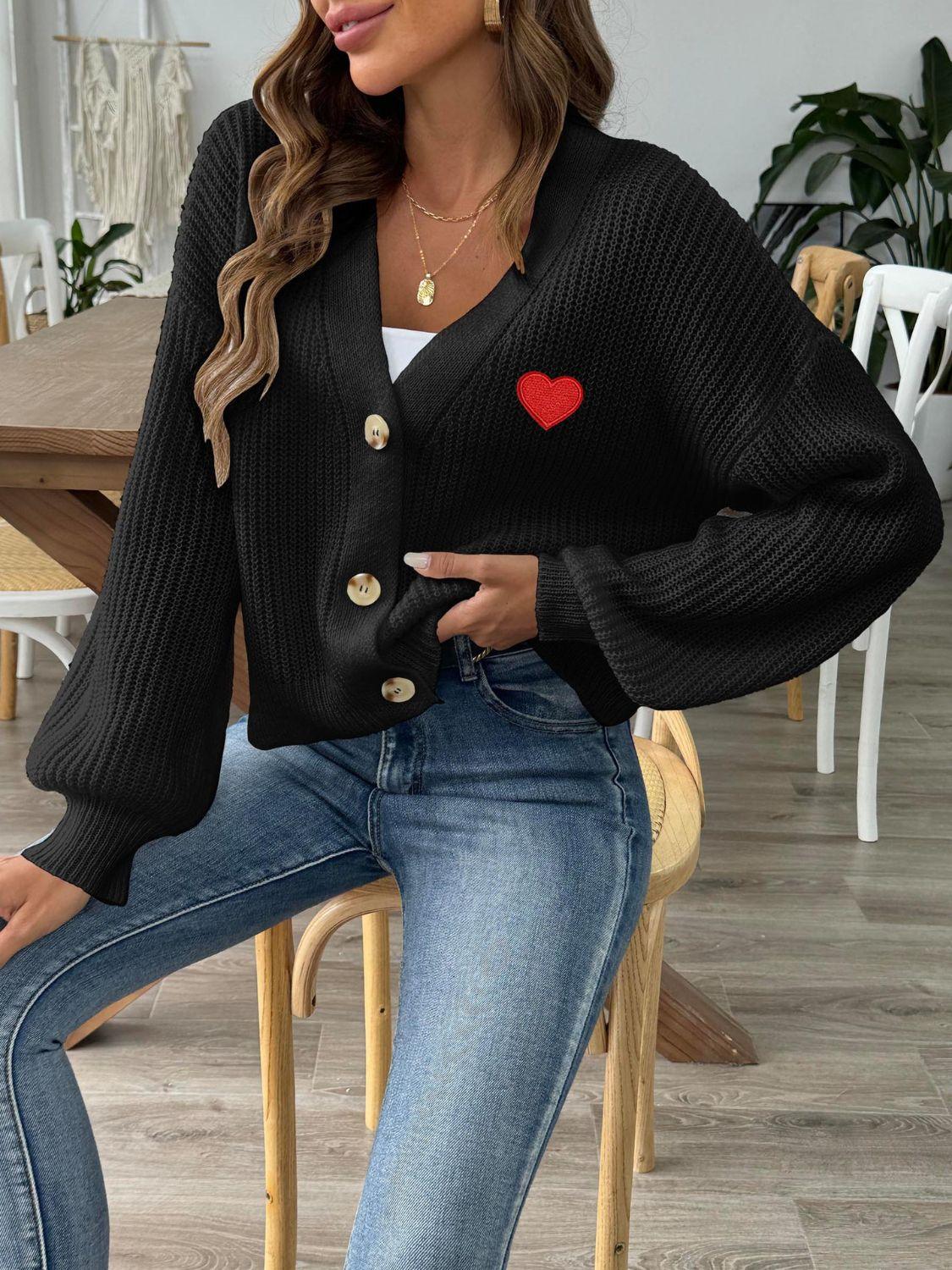 Heart Button Down V-Neck Long Sleeve Cardigan Carauana Store