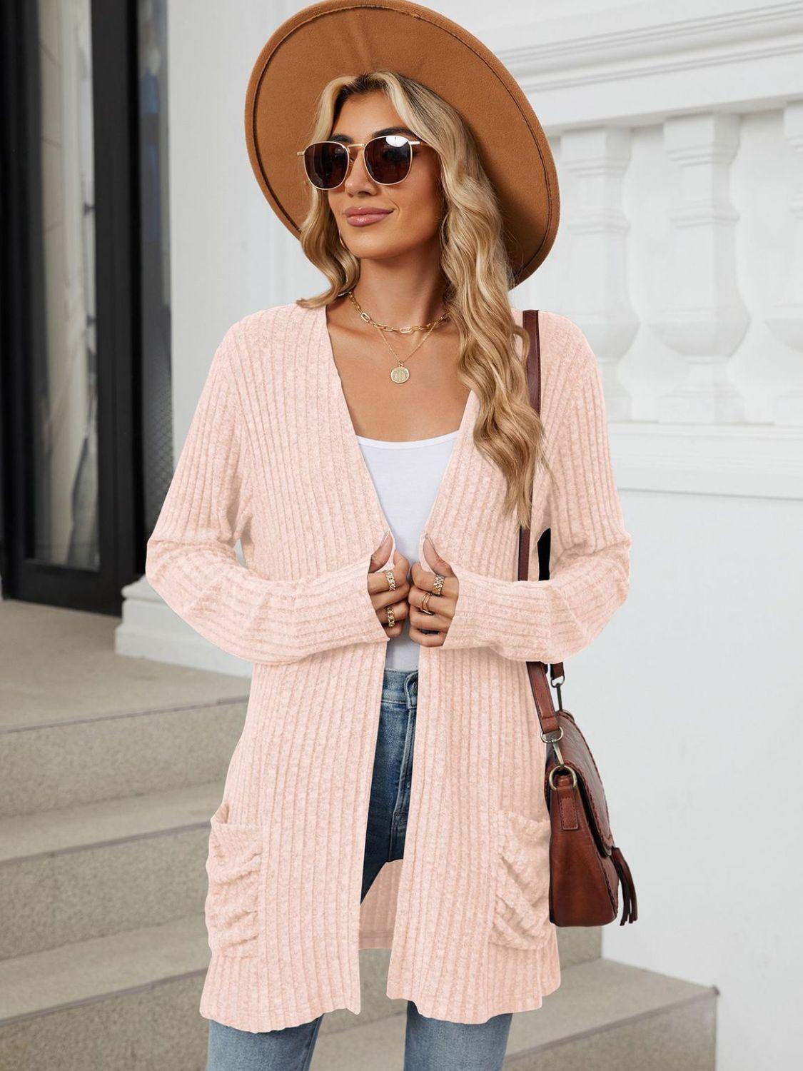 Pocketed Open Front Long Sleeve Cardigan Carauana Store