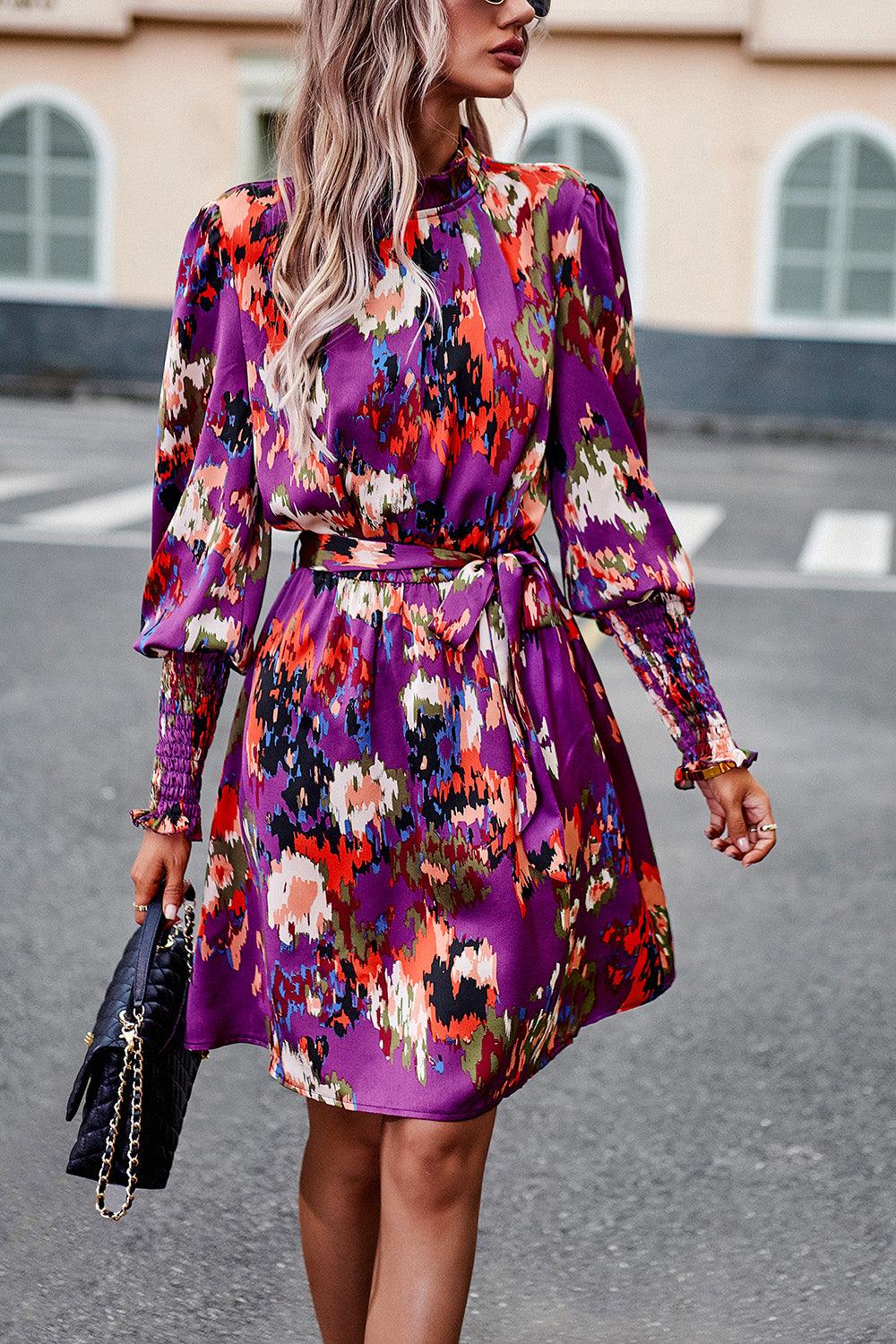 Printed Tie Waist Mock Neck Lantern Sleeve Dress Carauana Store