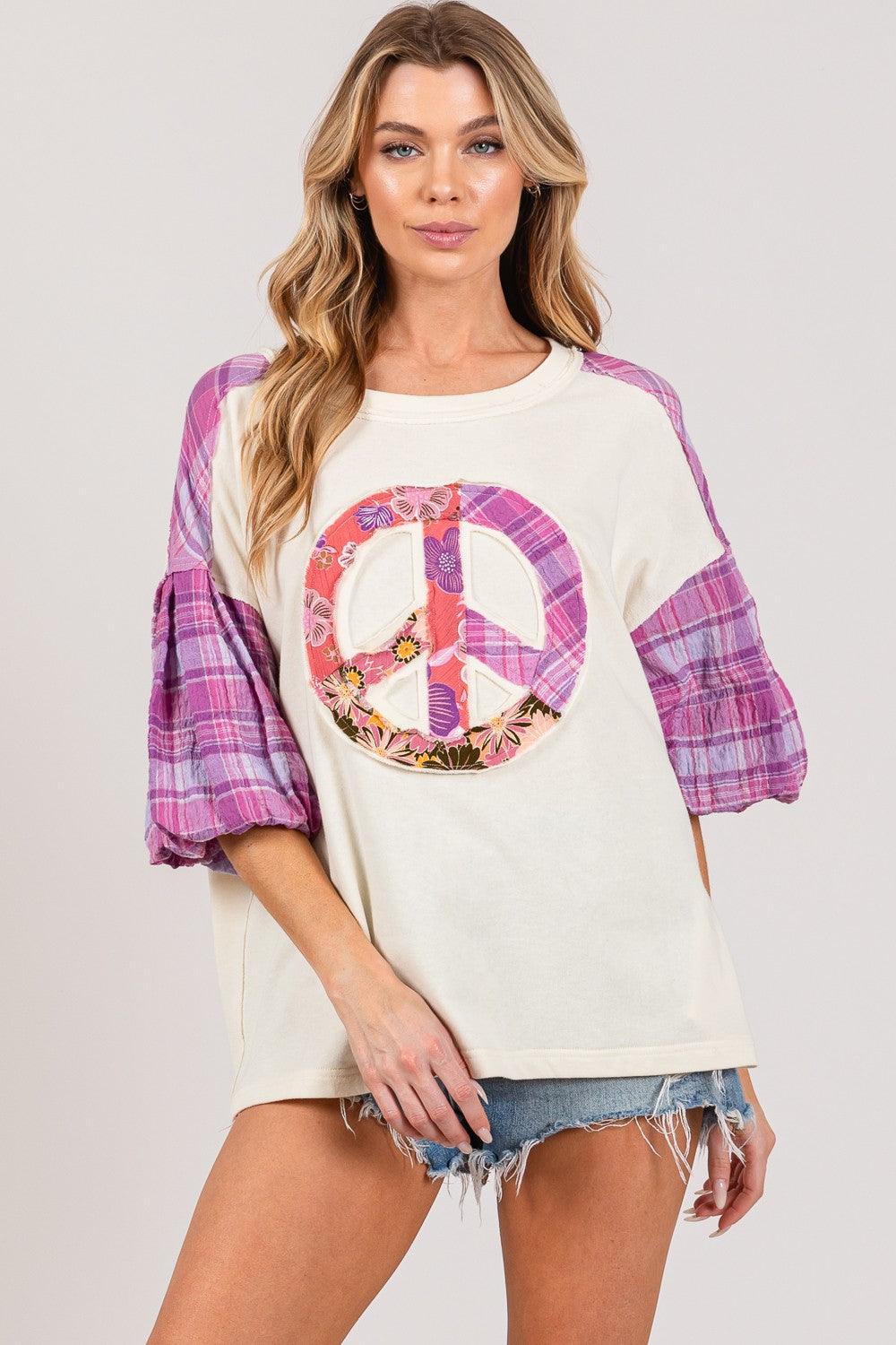 SAGE + FIG Full Size Peace Applique Patch with Plaid Contrast Top Carauana Store