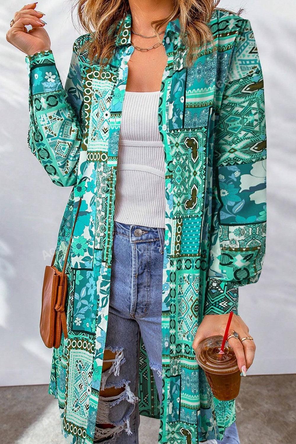 Printed Button Up Long Sleeve Cardigan Carauana Store
