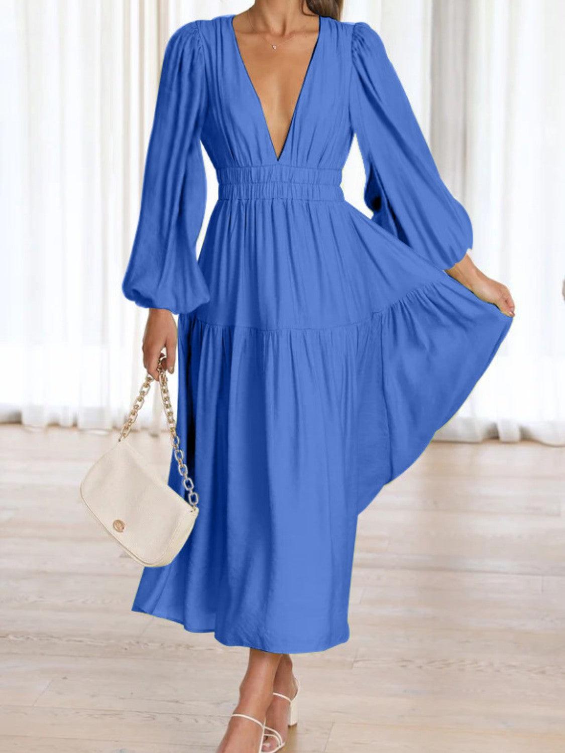 Deep V-Neck Balloon Sleeve Plain Maxi Dress Carauana Store
