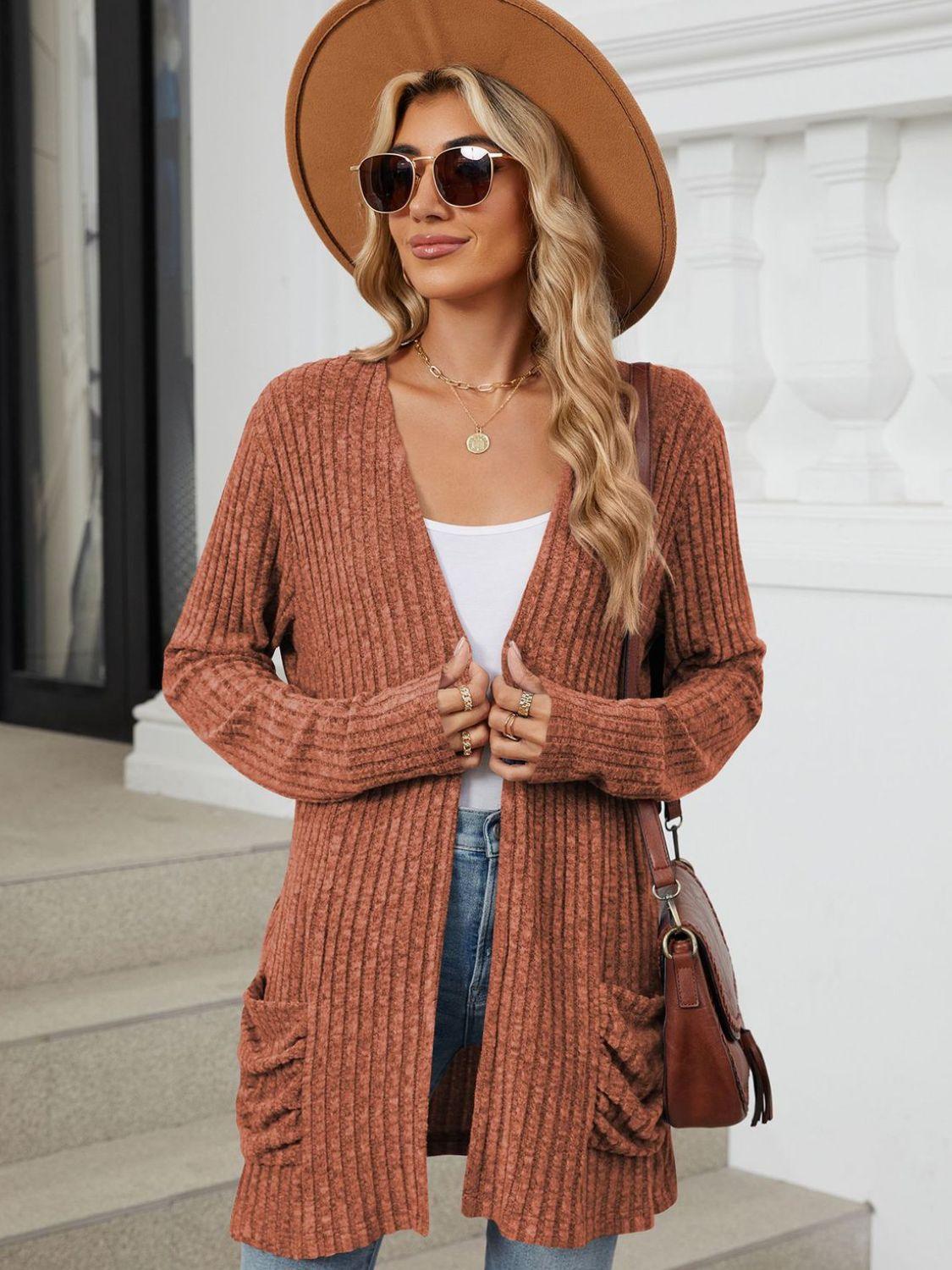 Pocketed Open Front Long Sleeve Cardigan Carauana Store