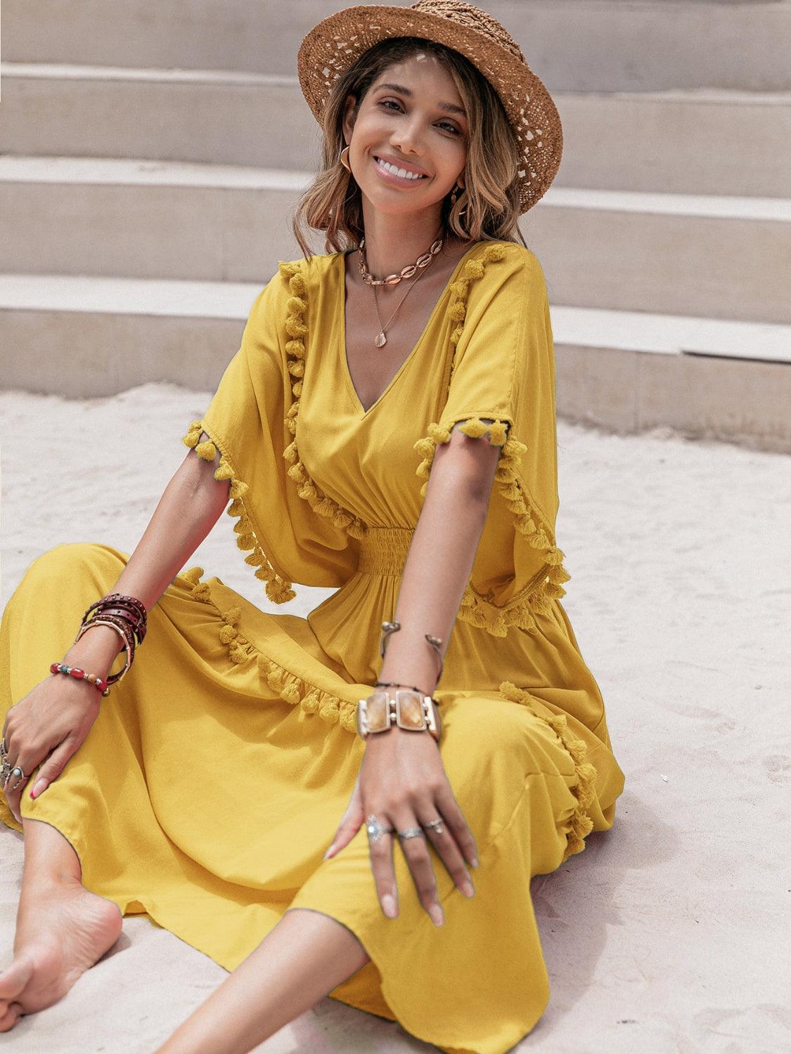 Tassel Trim Smocked V-Neck Short Sleeve Dress Carauana Store