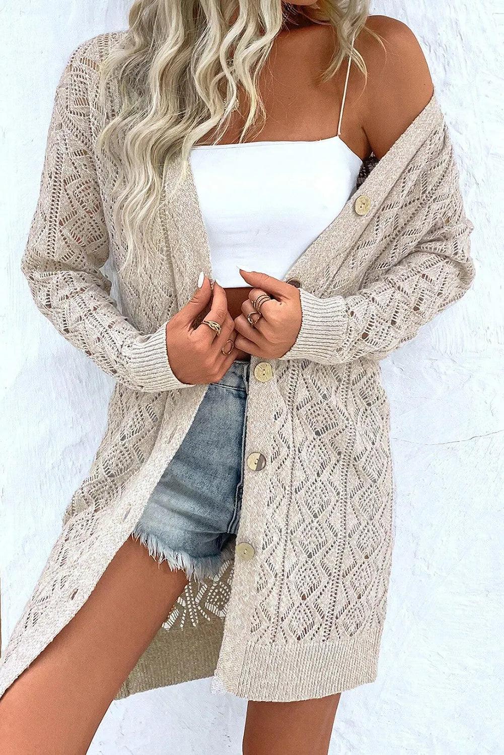 Openwork Button Down Long Sleeve Cardigan Carauana Store