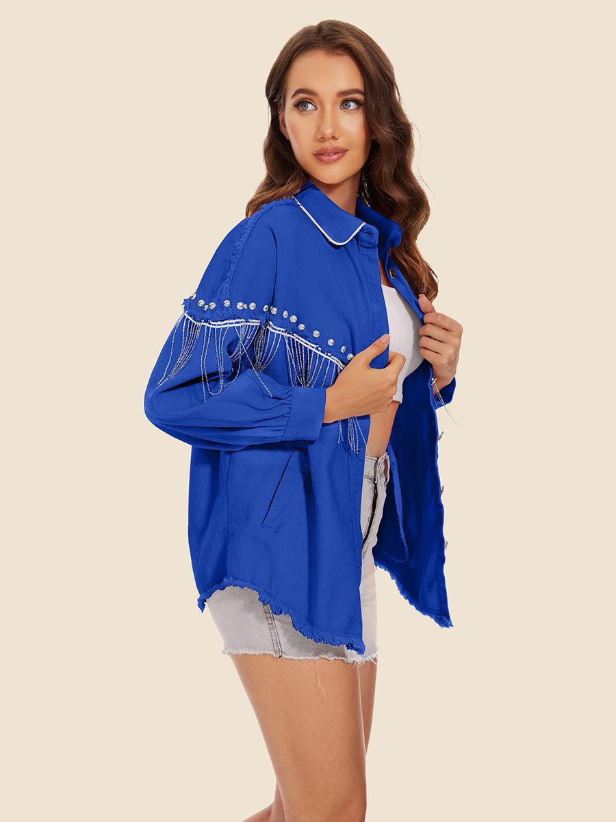 Raw Hem Fringe Detail Denim Jacket Carauana Store