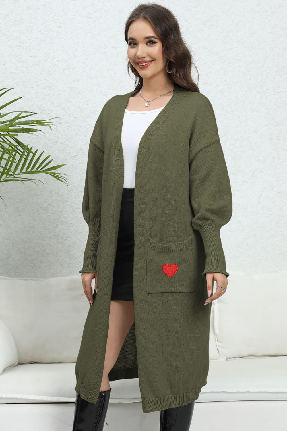 Lantern Sleeve Open Front Pocketed Cardigan Carauana Store