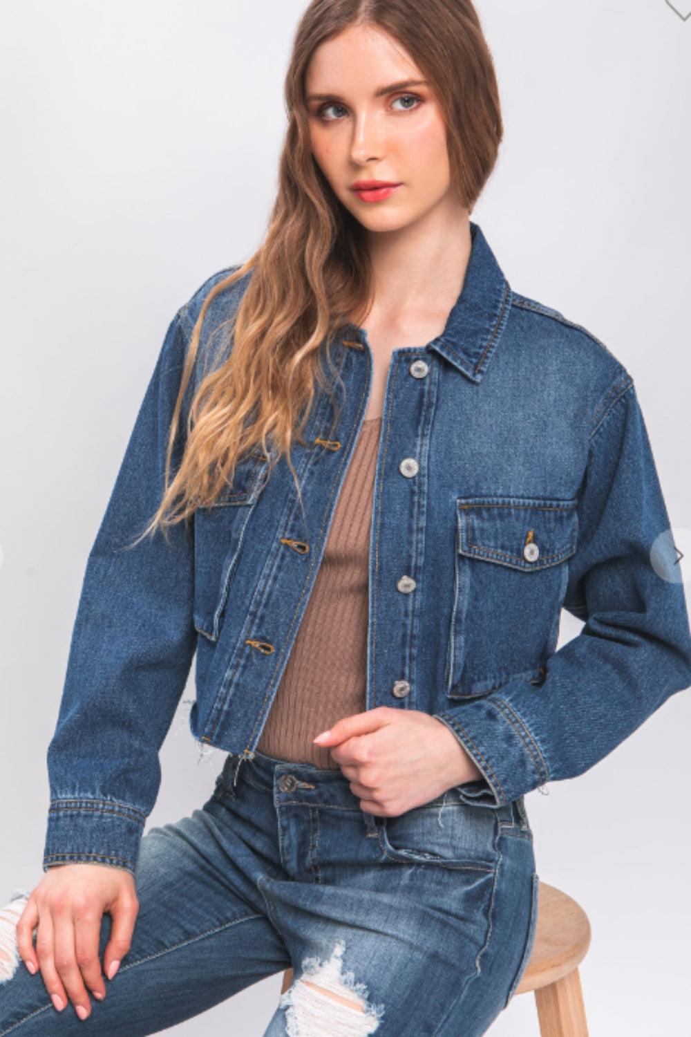 LOVE TREE Raw Hem Button Up Cropped Denim Jacket Carauana Store