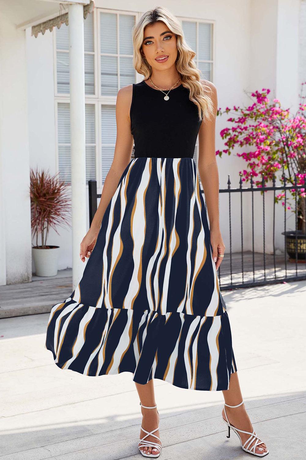 Striped Round Neck Sleeveless Midi Dress Carauana Store