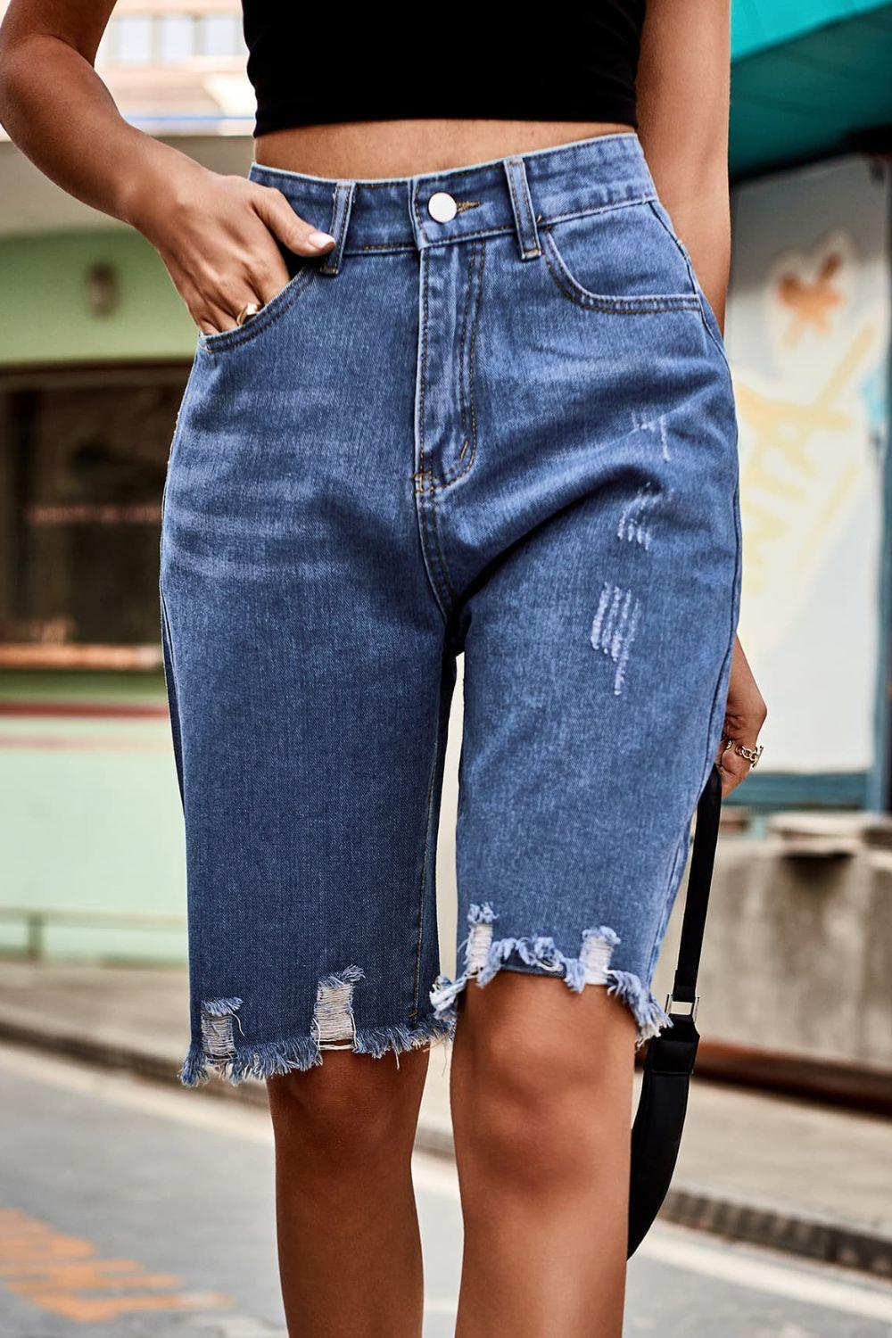 Raw Hem High Waist Denim Shorts with Pockets Carauana Store