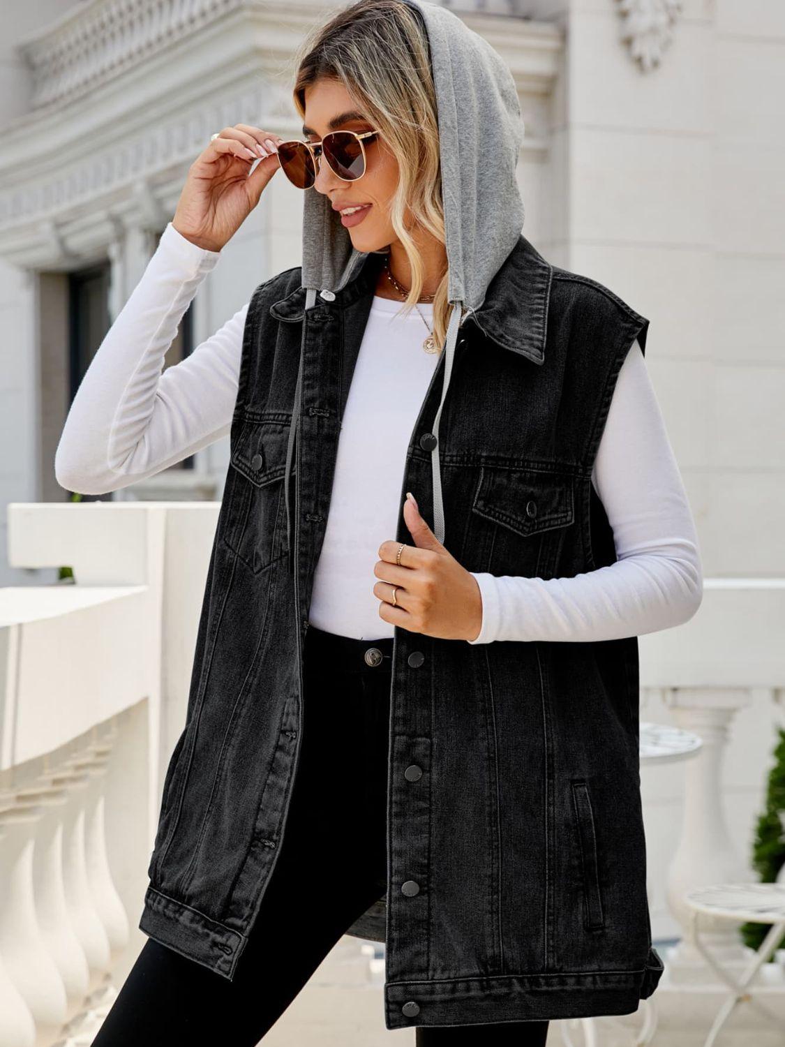 Drawstring Hooded Sleeveless Denim Top with Pockets Carauana Store