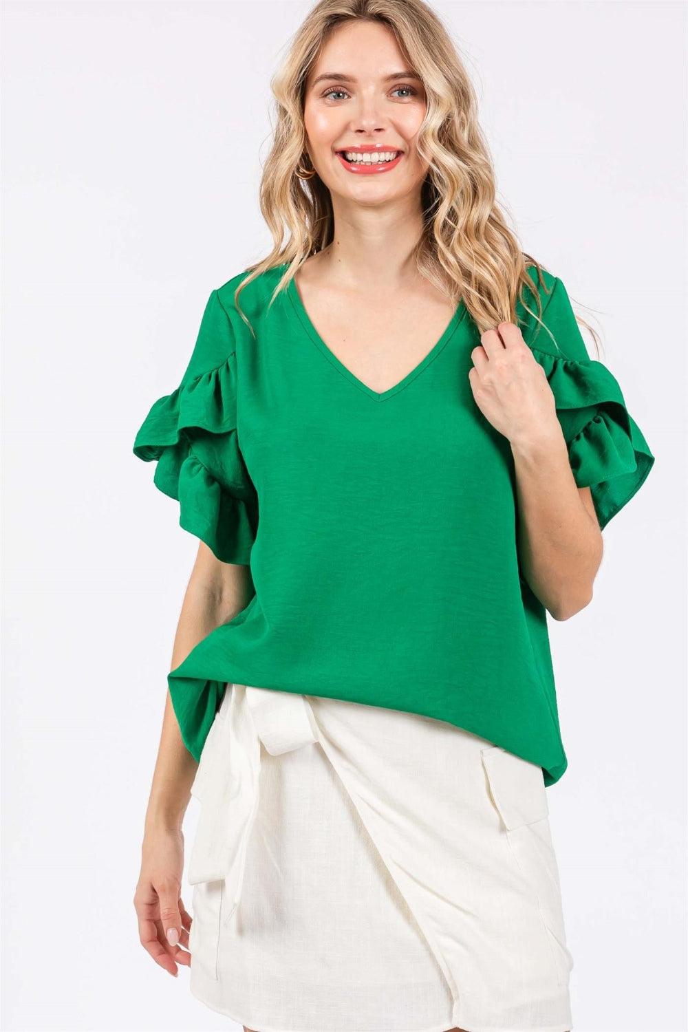 GeeGee Ruffled Short Sleeve V-Neck Blouse Carauana Store