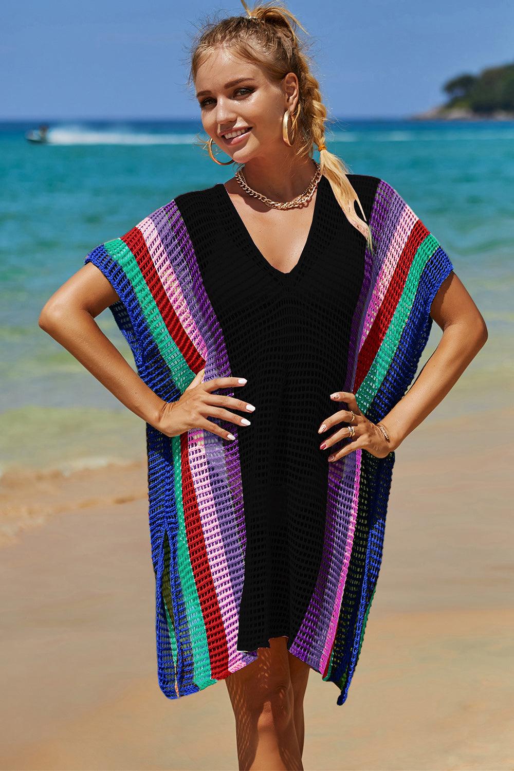 Double Take Openwork Striped Slit Knit Cover Up Carauana Store