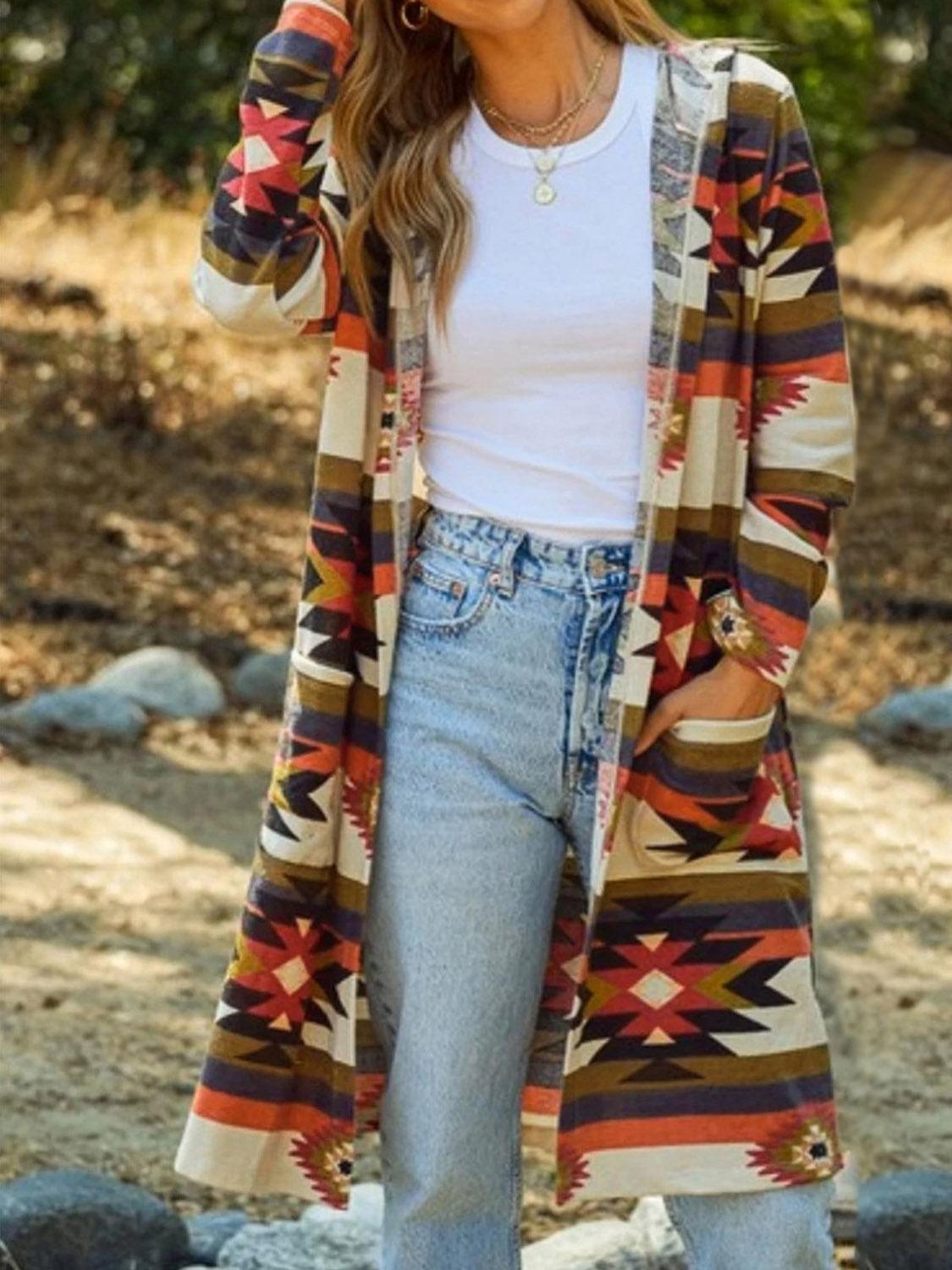 Geometric Hooded Cardigan with Pockets Carauana Store