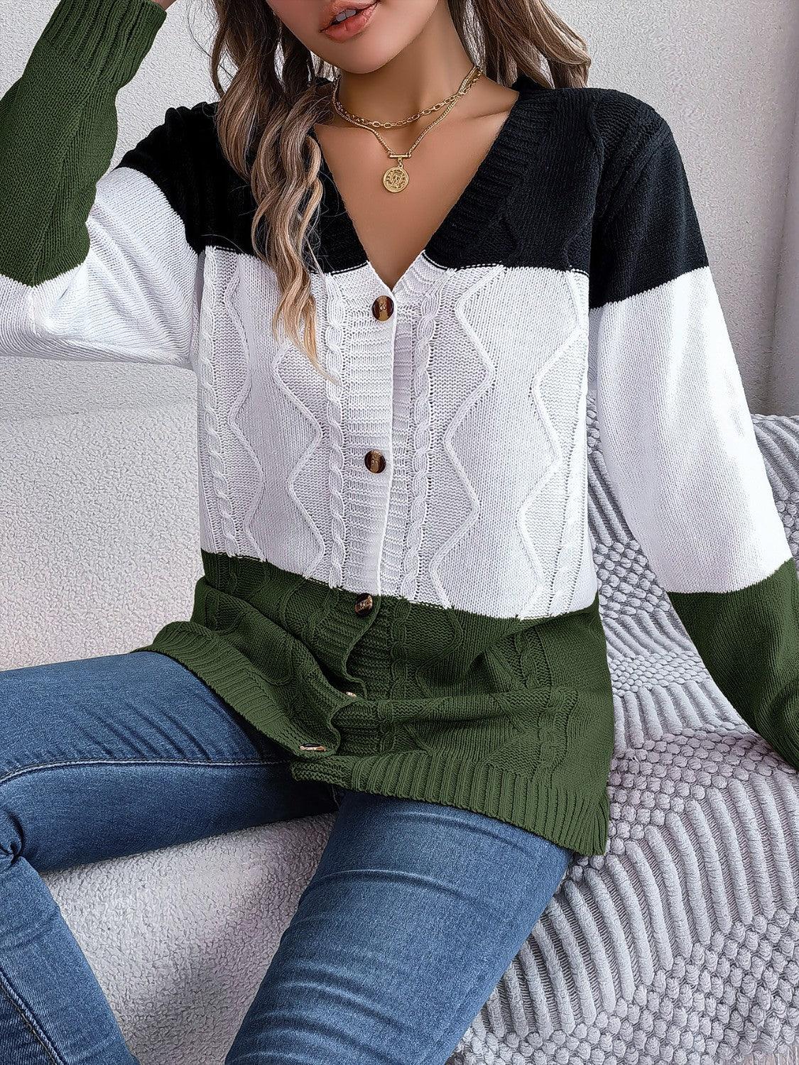 Cable-Knit Striped Button Up Cardigan Carauana Store