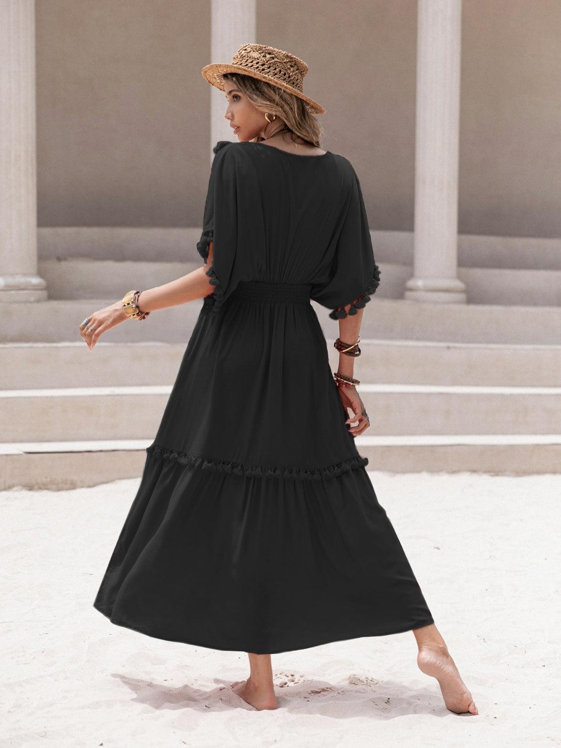 Tassel Trim Smocked V-Neck Short Sleeve Dress Carauana Store