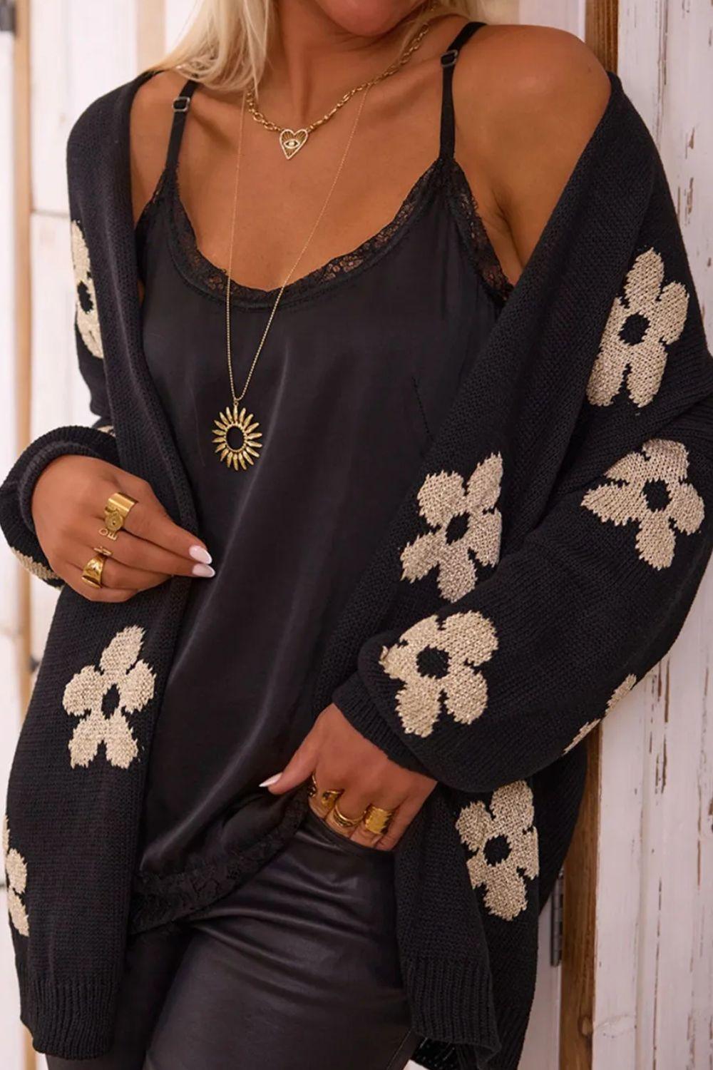 Flower Open Front Long Sleeve Cardigan Carauana Store