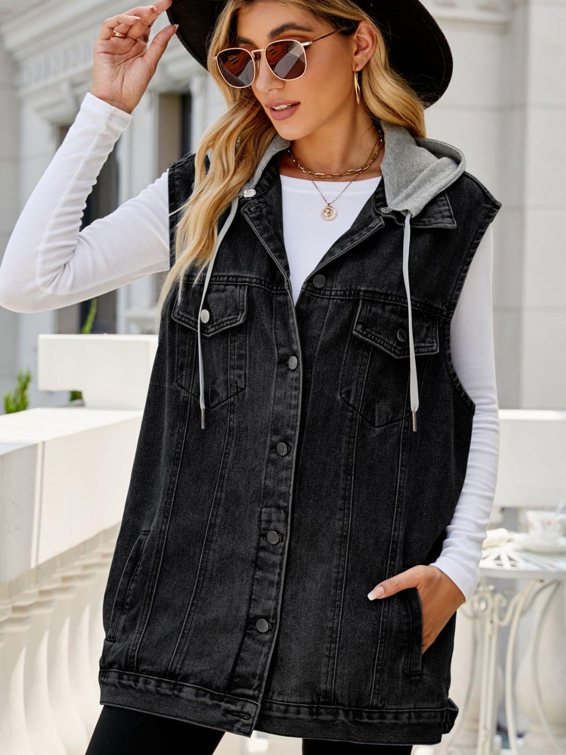 Drawstring Hooded Sleeveless Denim Top with Pockets Carauana Store