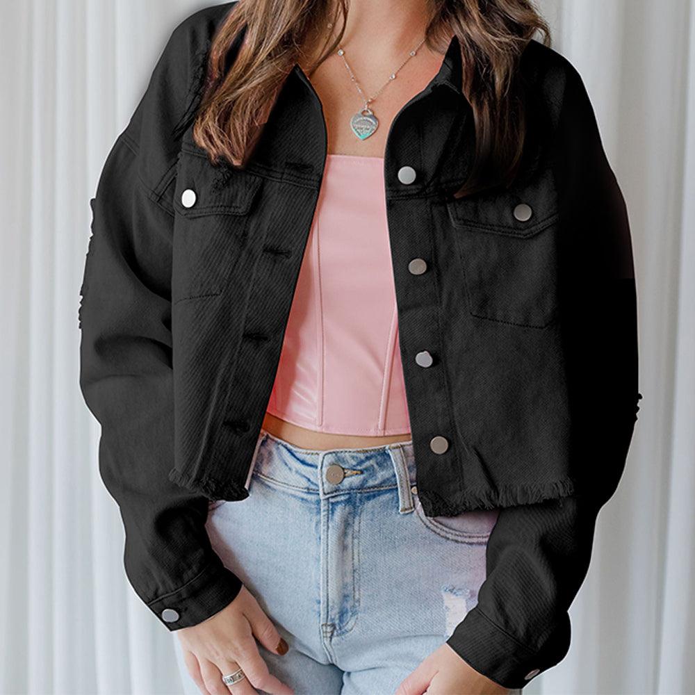 Distressed Raw Hem Dropped Shoulder Denim Jacket Carauana Store