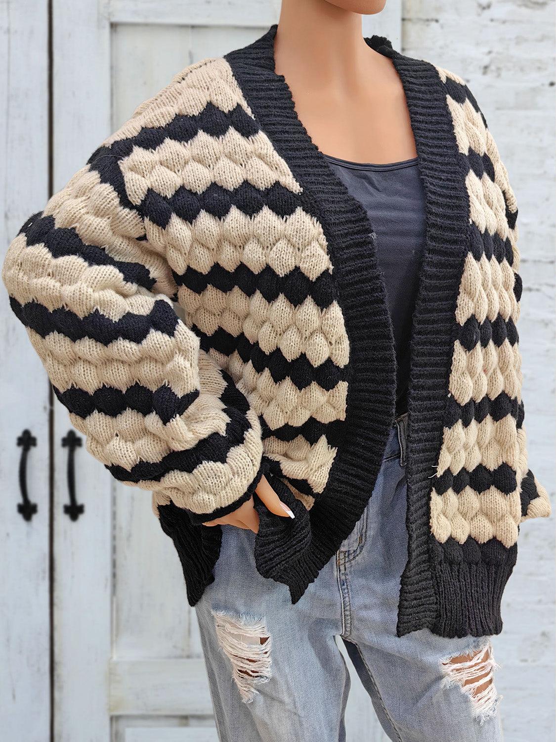 Striped Contrast Open Front Long Sleeve Cardigan Carauana Store