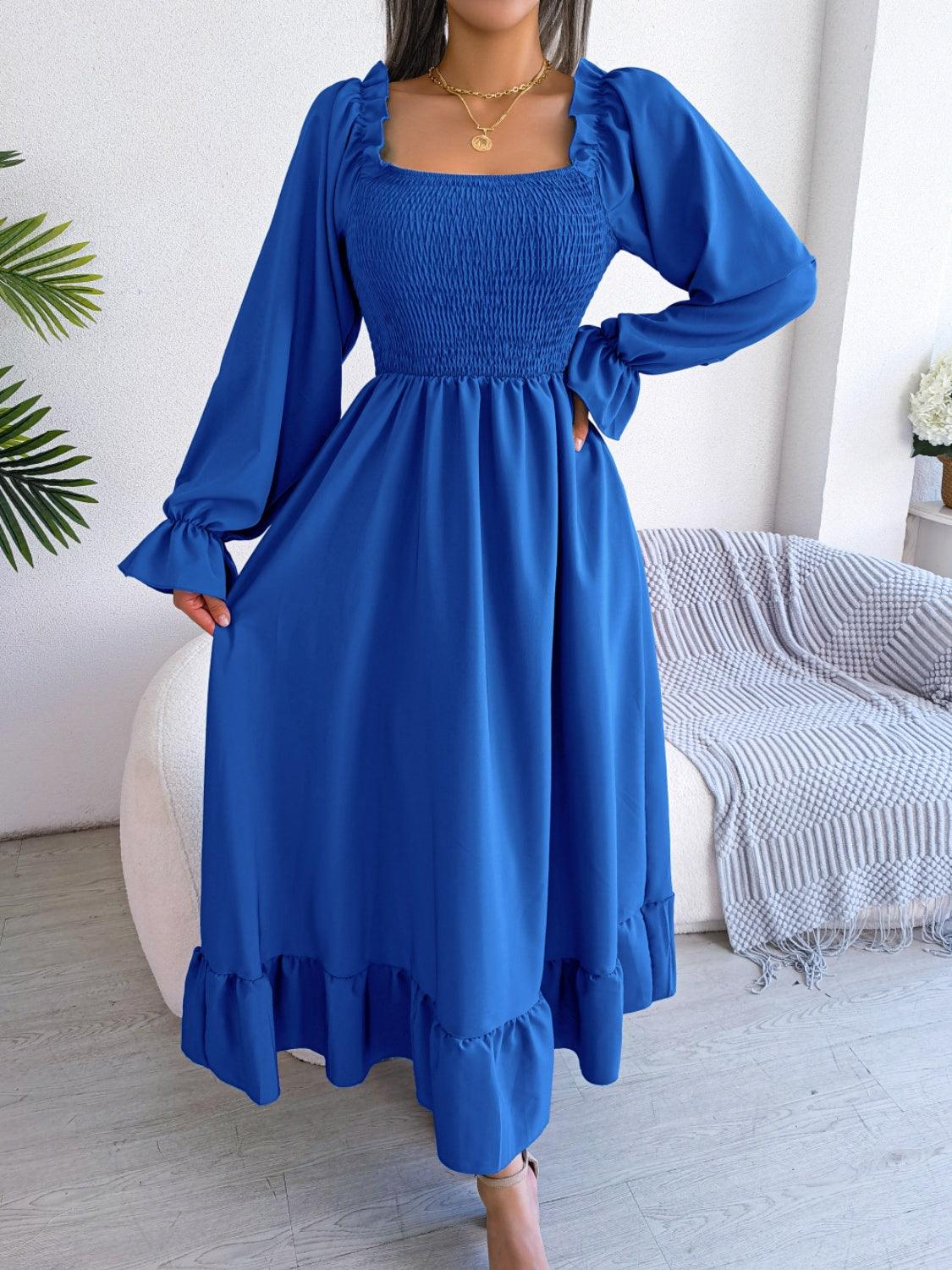 Smocked Square Neck Flounce Sleeve Dress Carauana Store