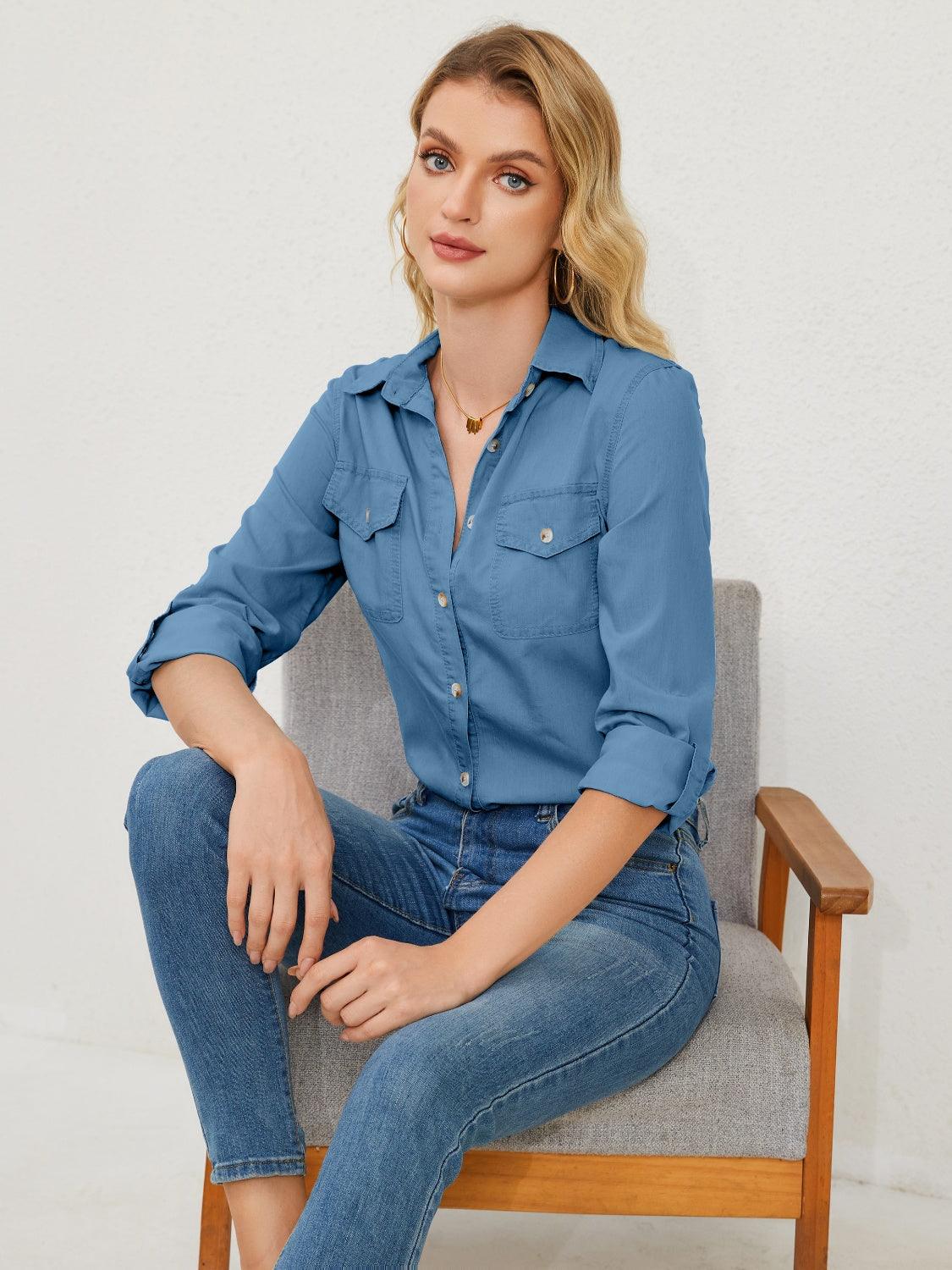 Pocketed Button Up Long Sleeve Denim Shirt Carauana Store