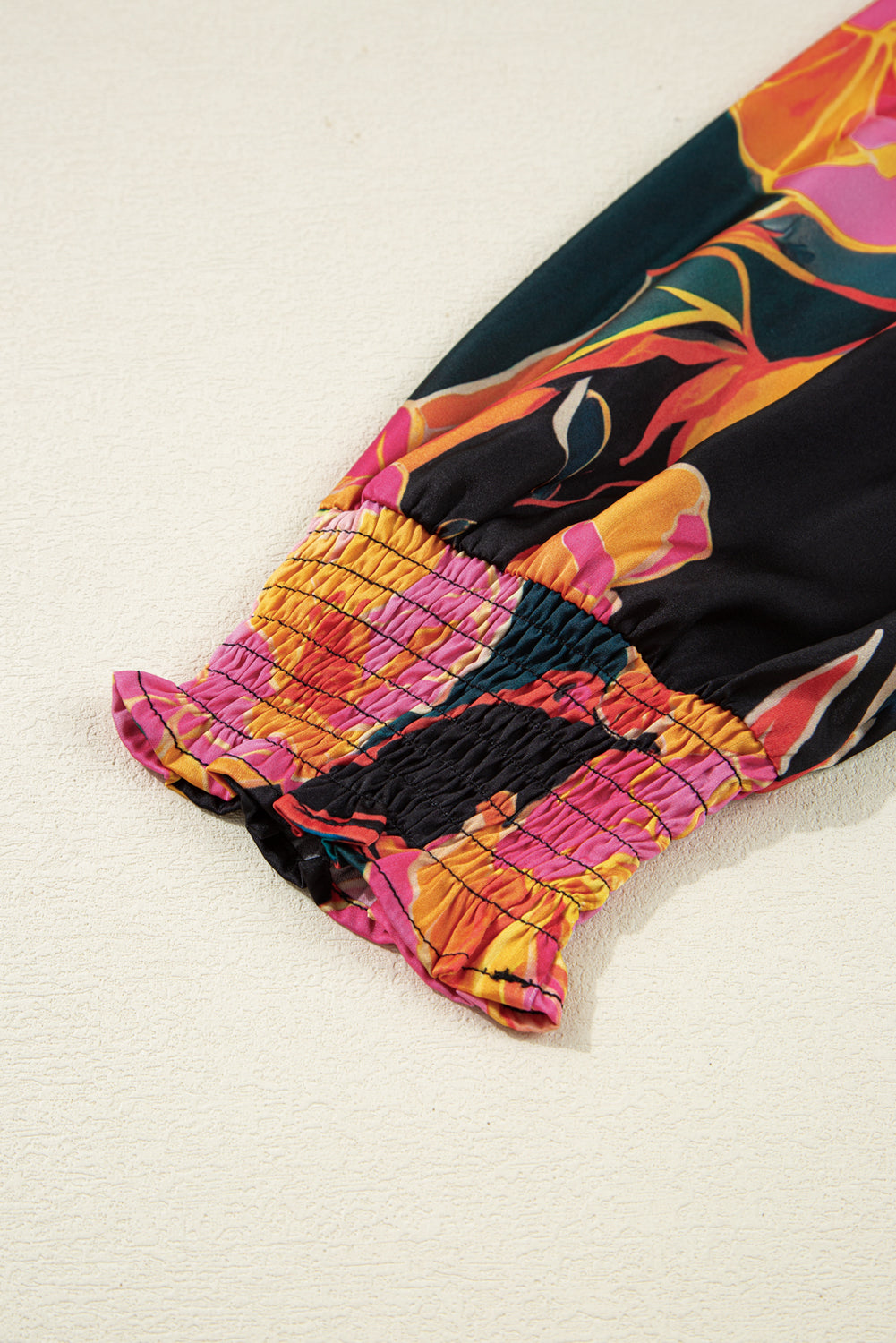 Black Floral Print Smocked Cuffs Puff Sleeve V Neck Blouse