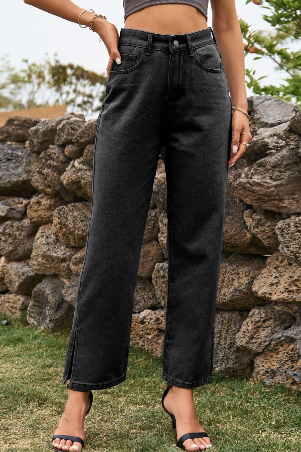 High Waist Loose Fit Ankle Slit Jeans Carauana Store