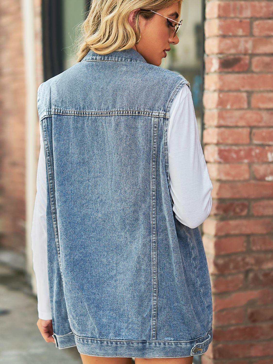 Collared Neck Sleeveless Denim Top with Pockets Carauana Store