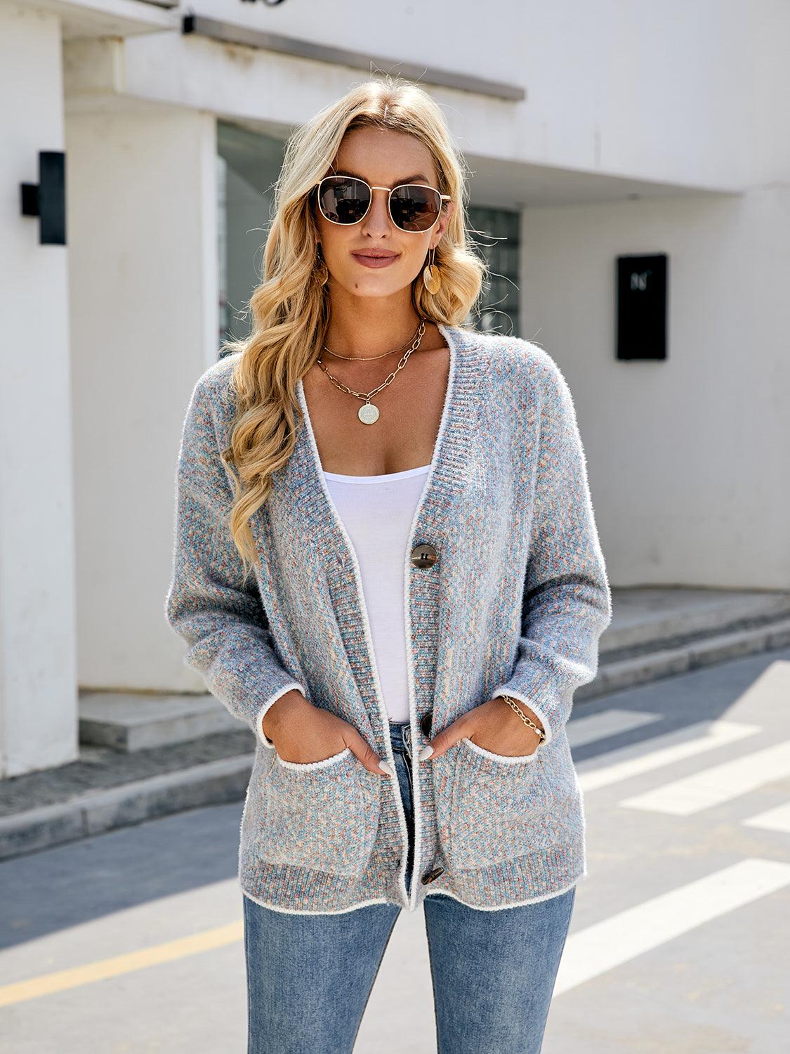 Button Down V-Neck Cardigan with Pockets Carauana Store
