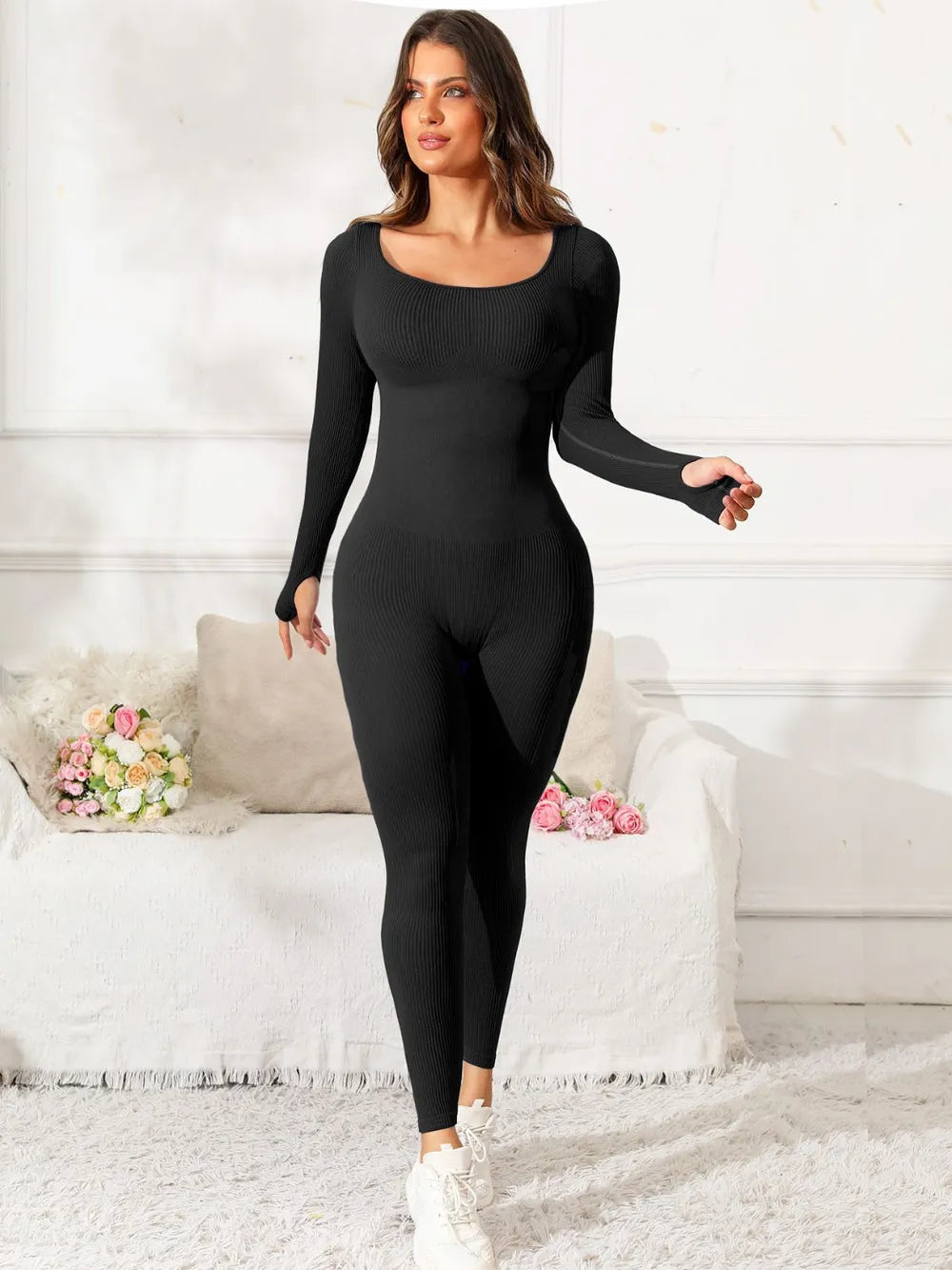 Scoop Neck Long Sleeve Active Jumpsuit Carauana Store