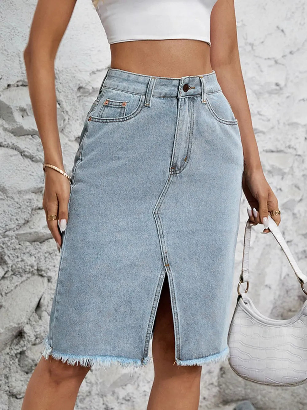 Raw Hem Slit Denim Skirt Carauana Store