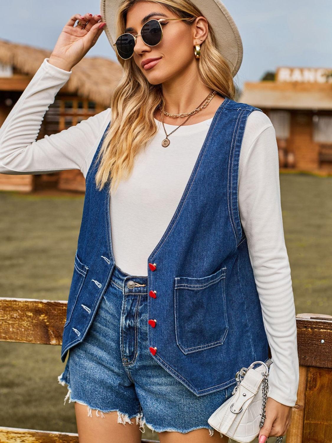 Pocketed Button Up Sleeveless Denim Jacket Carauana Store