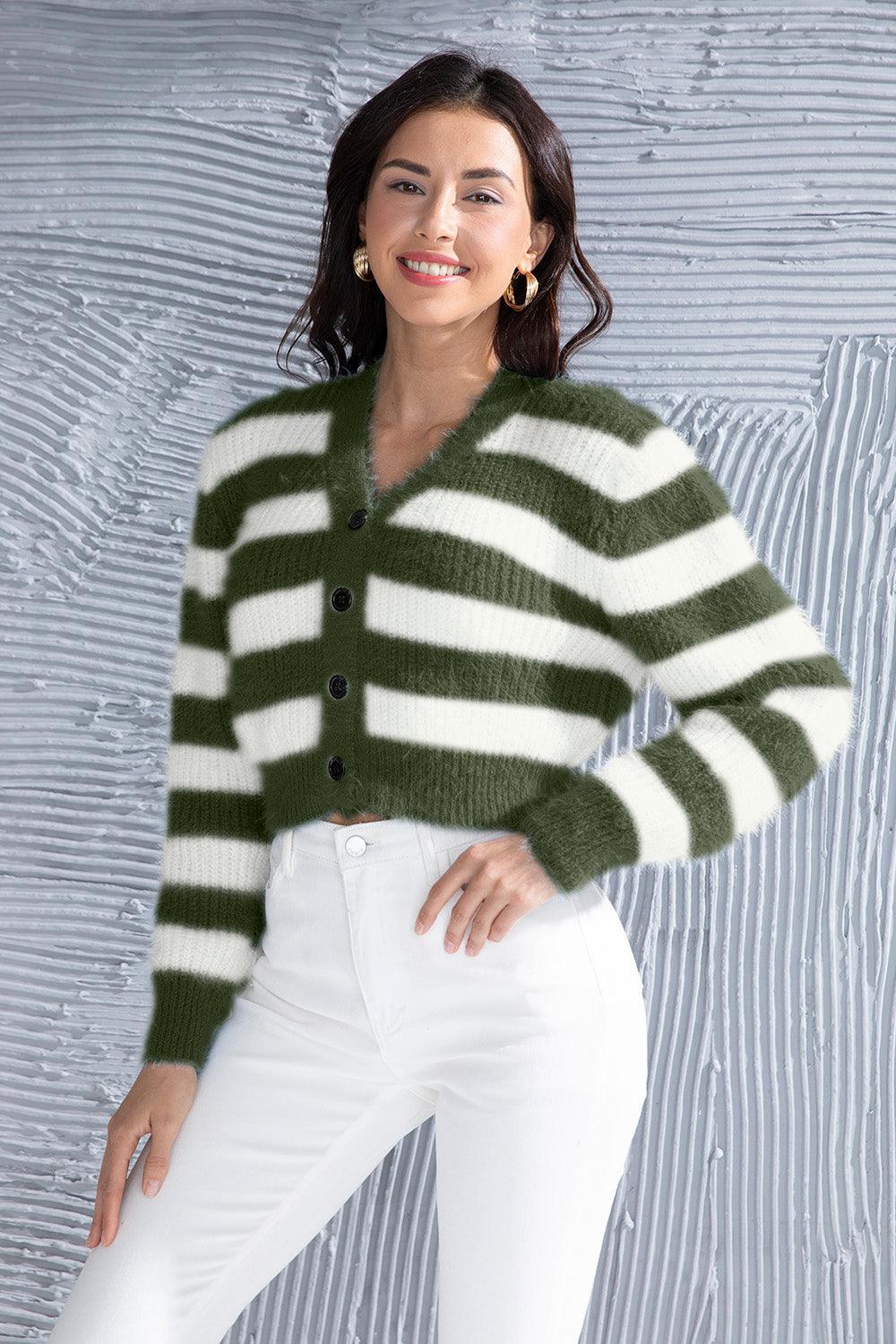 Striped Button Up Cropped Cardigan Carauana Store