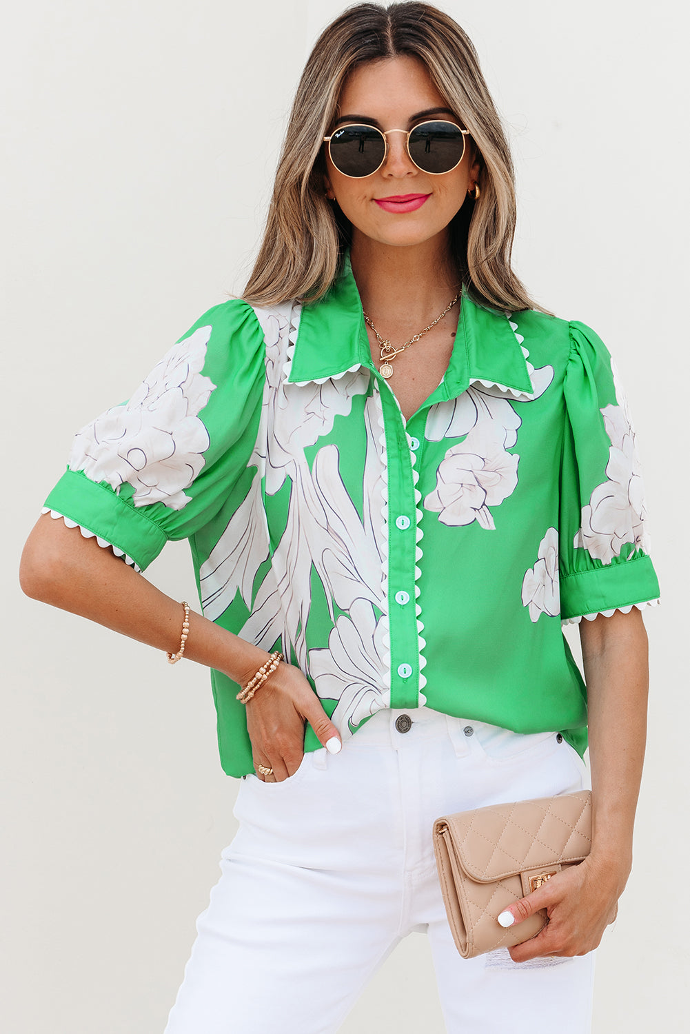 Green Floral Ric Rac Edge Puff Sleeve Button Up Summer Shirt