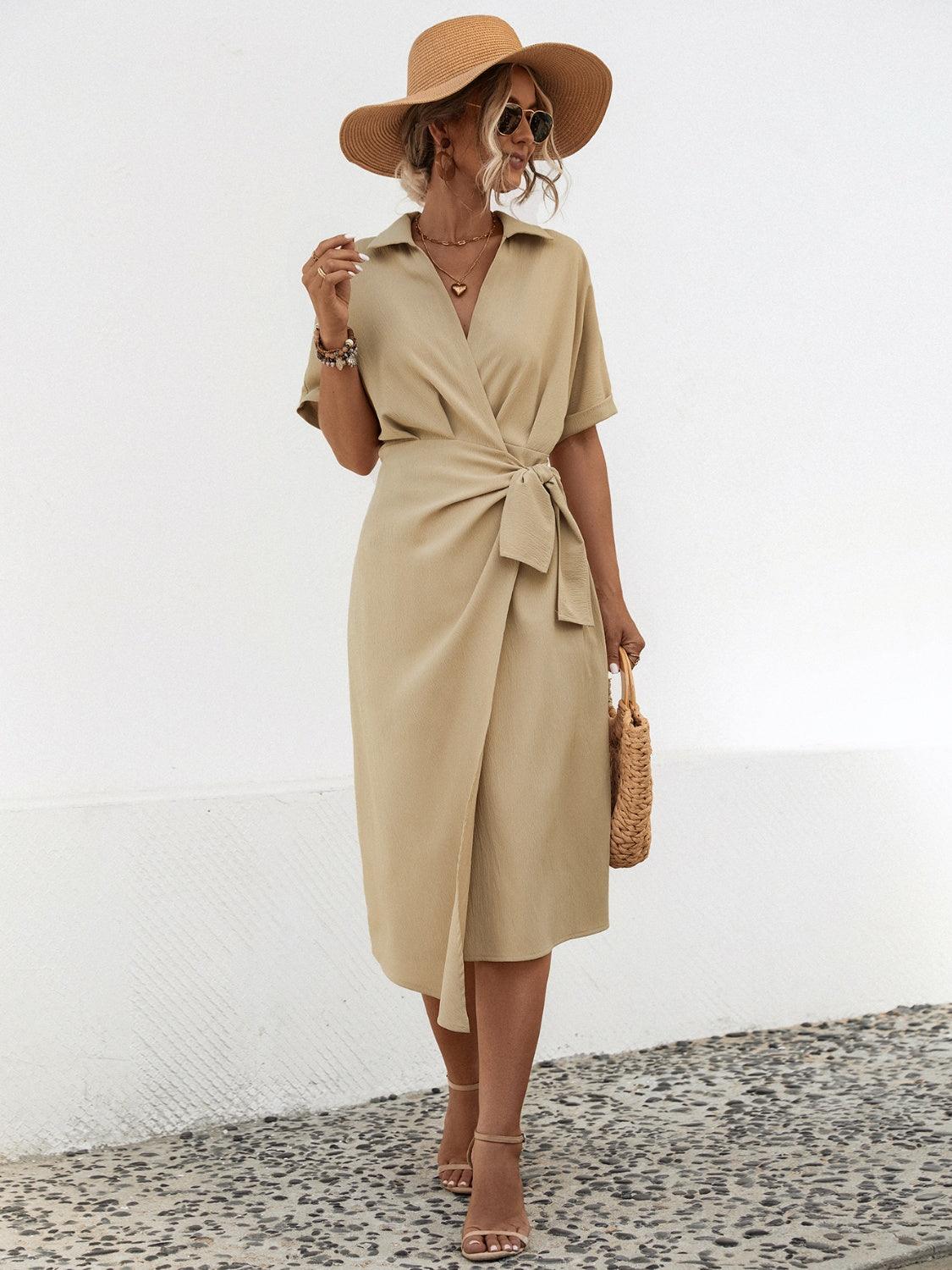 Tied Slit Short Sleeve Dress Carauana Store