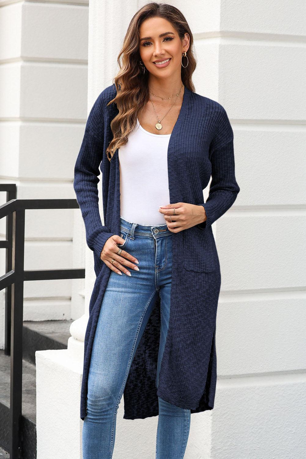 Open Front Slit Cardigan with Pockets Carauana Store