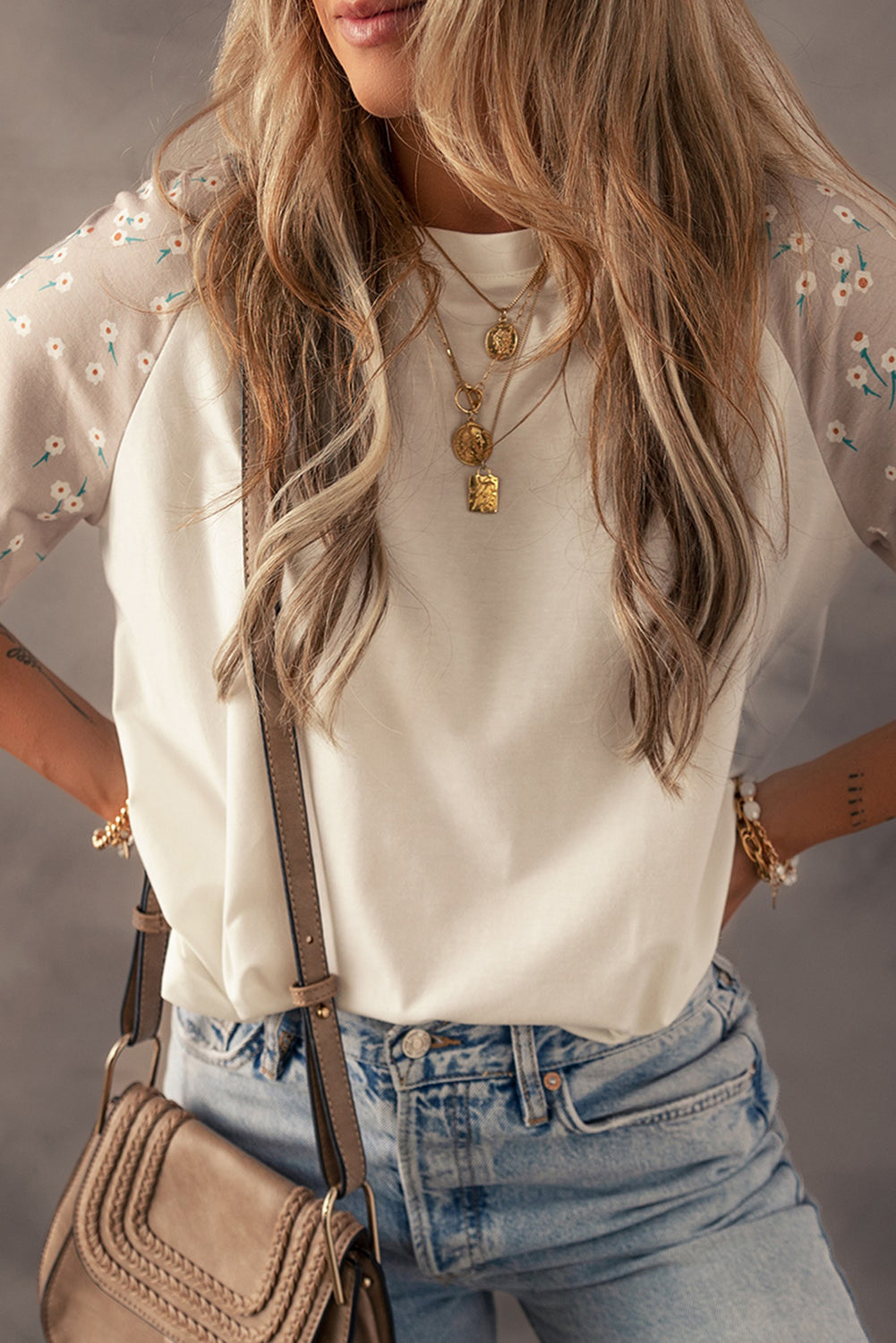 Beige Floral Print Color Block Raglan Sleeve T Shirt