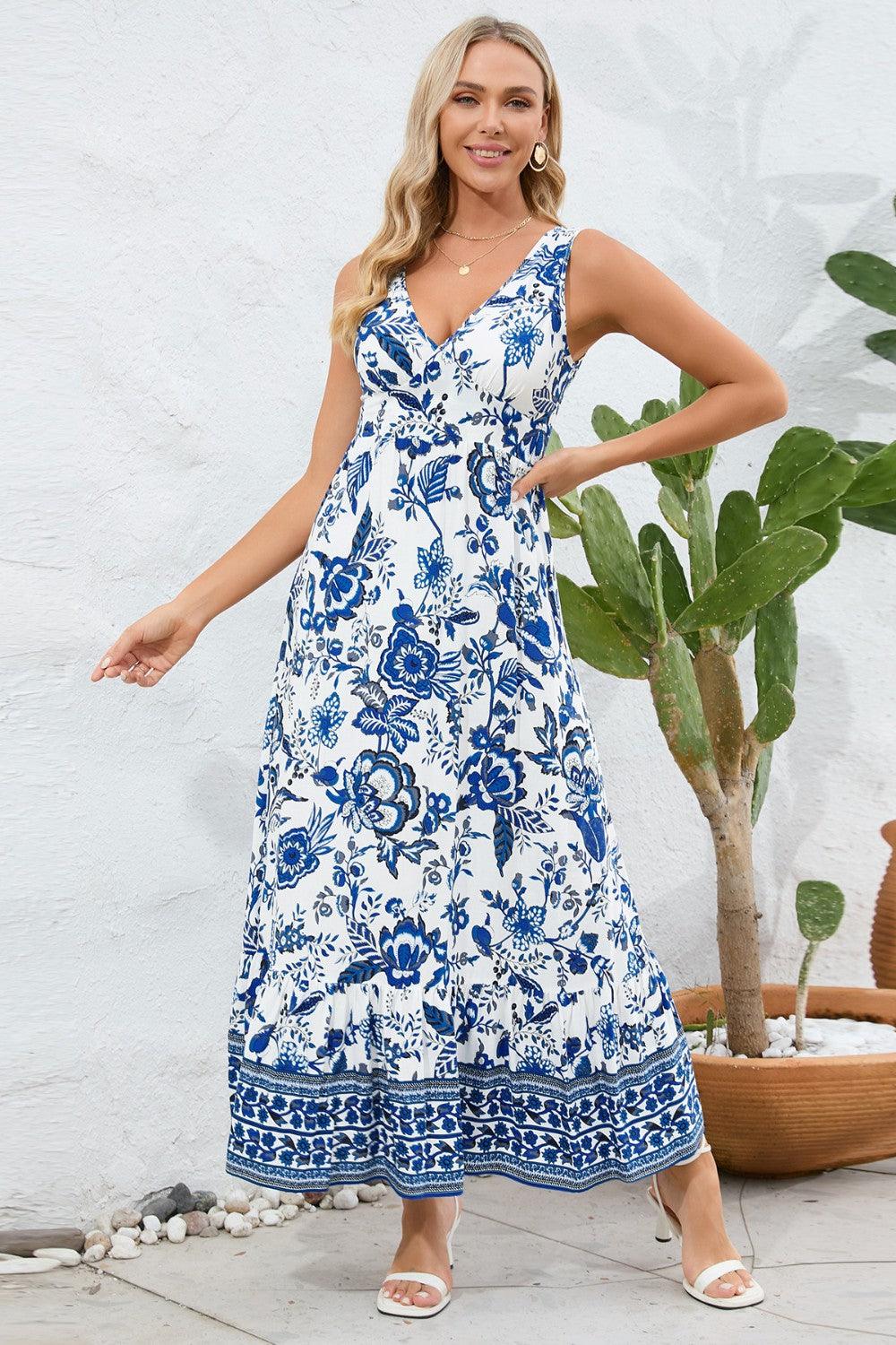 Printed V-Neck Wide Strap Dress Carauana Store