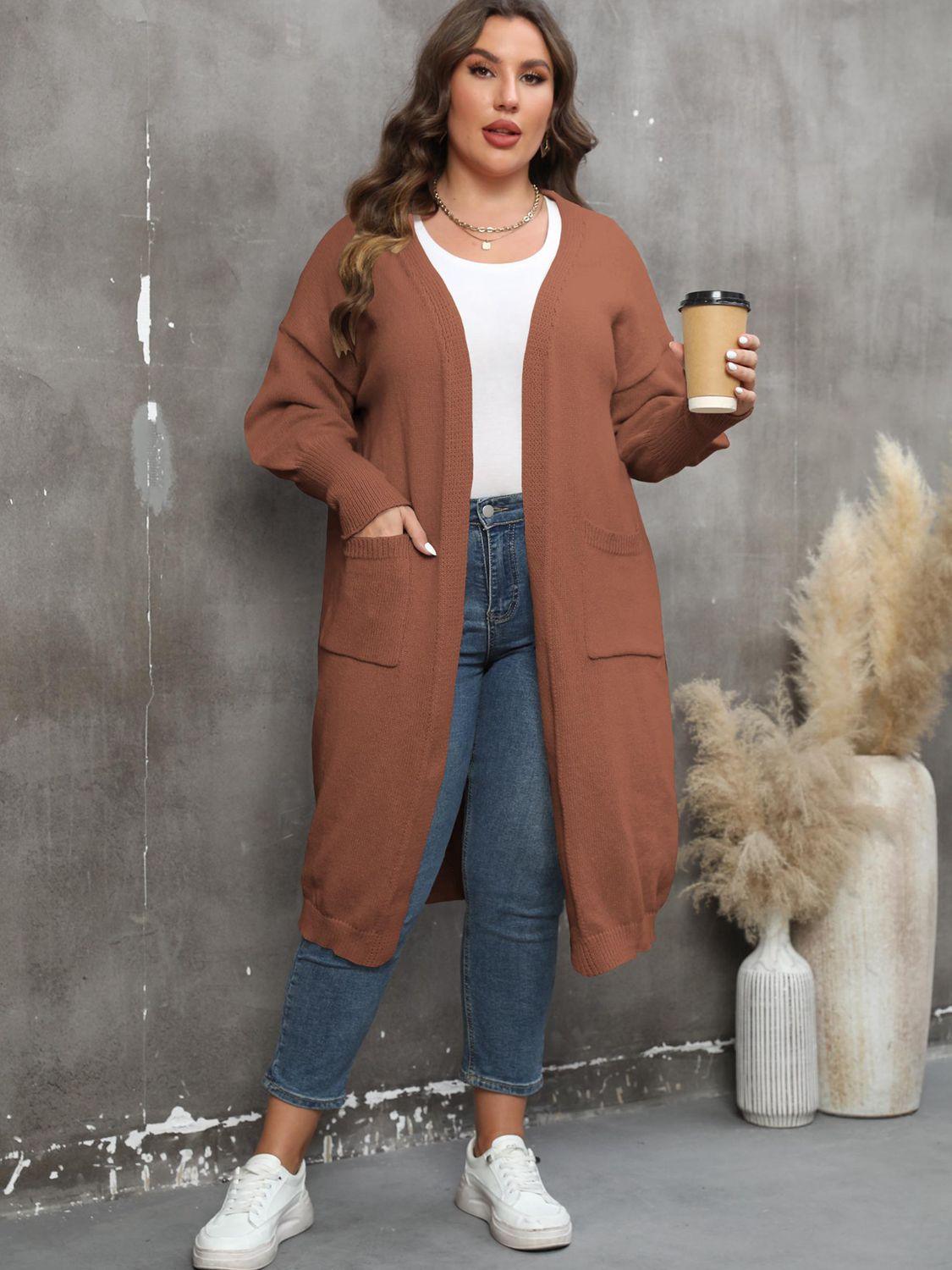 Plus Size Long Sleeve Pocketed Cardigan Carauana Store