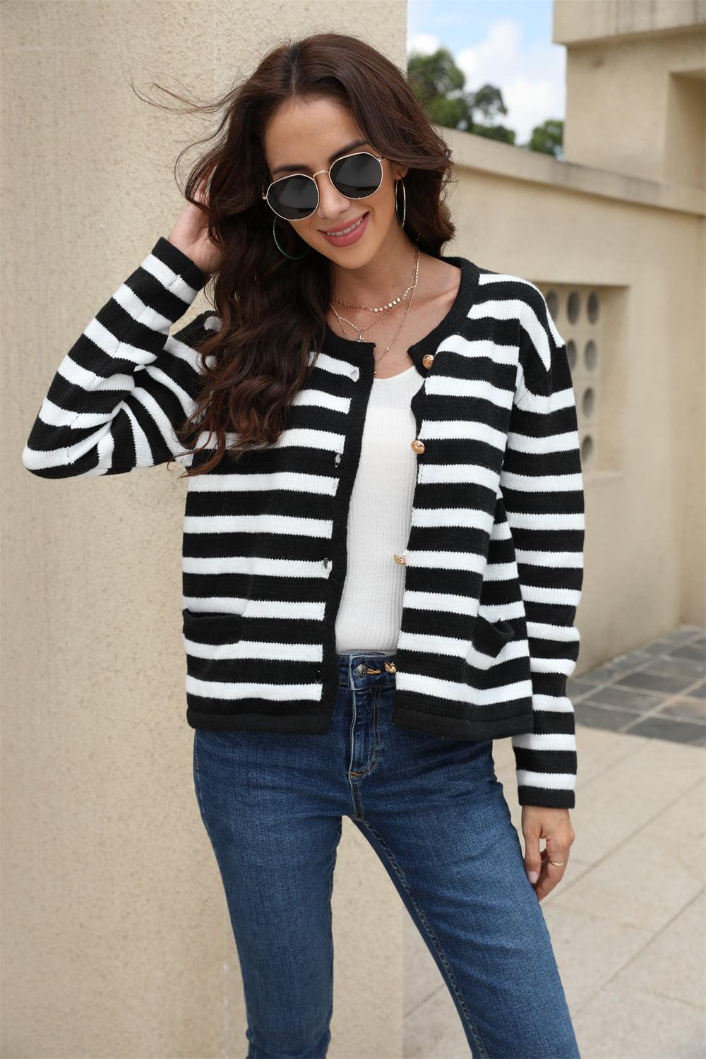 Angel Wings Striped Round Neck Button-Down Dropped Shoulder Cardigan Carauana Store